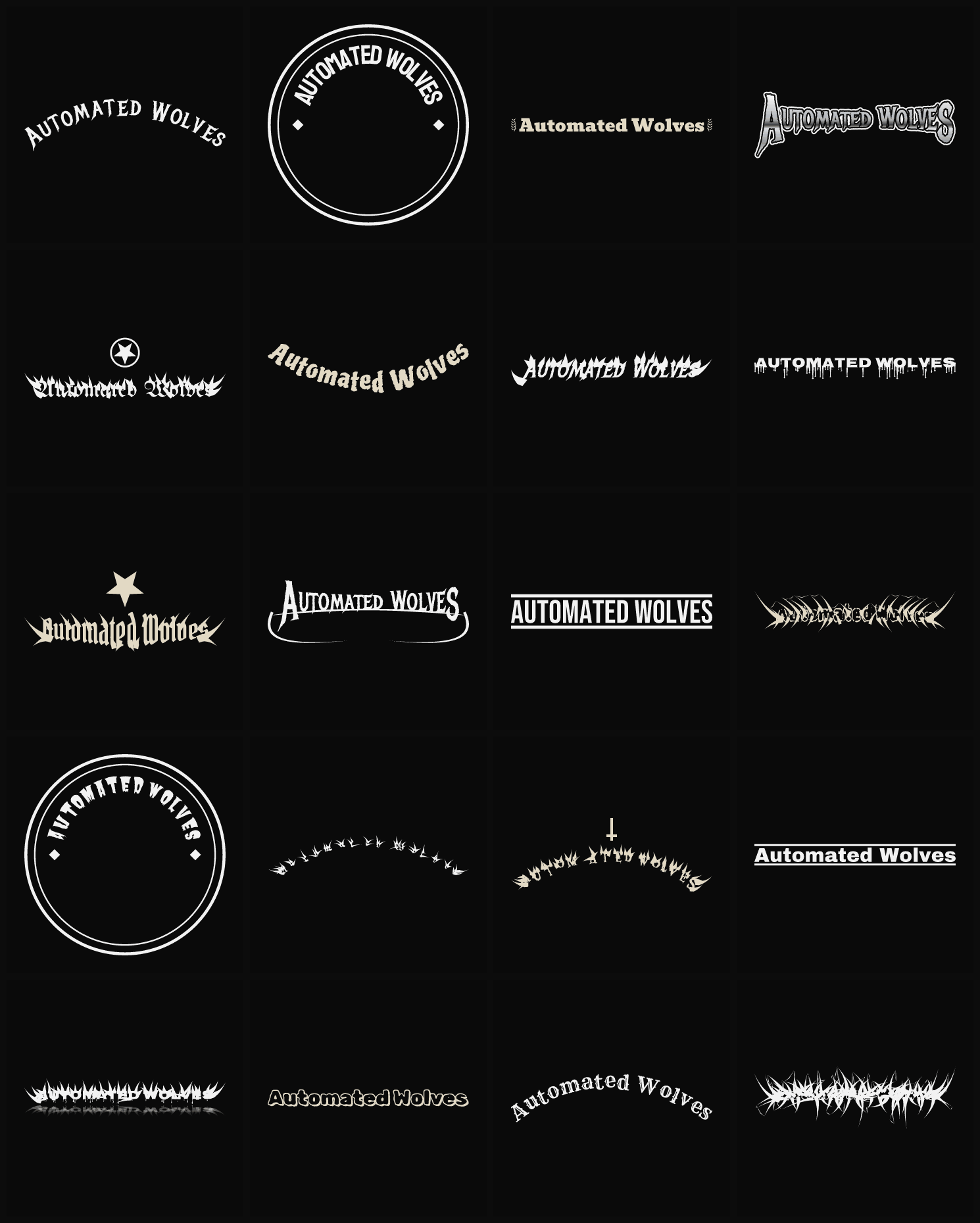 Twenty Automated Wolves band logo ideas — different faces, treatments and spike settings