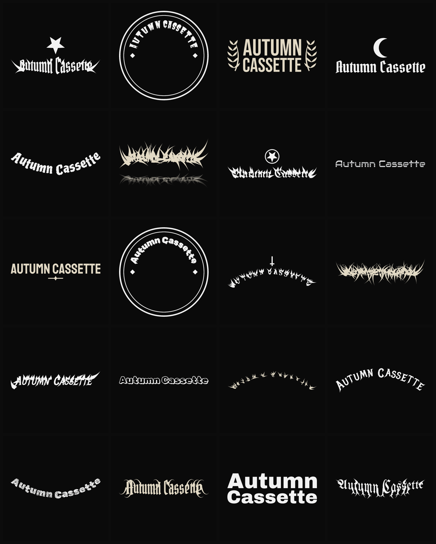 Twenty Autumn Cassette band logo ideas — different faces, treatments and spike settings