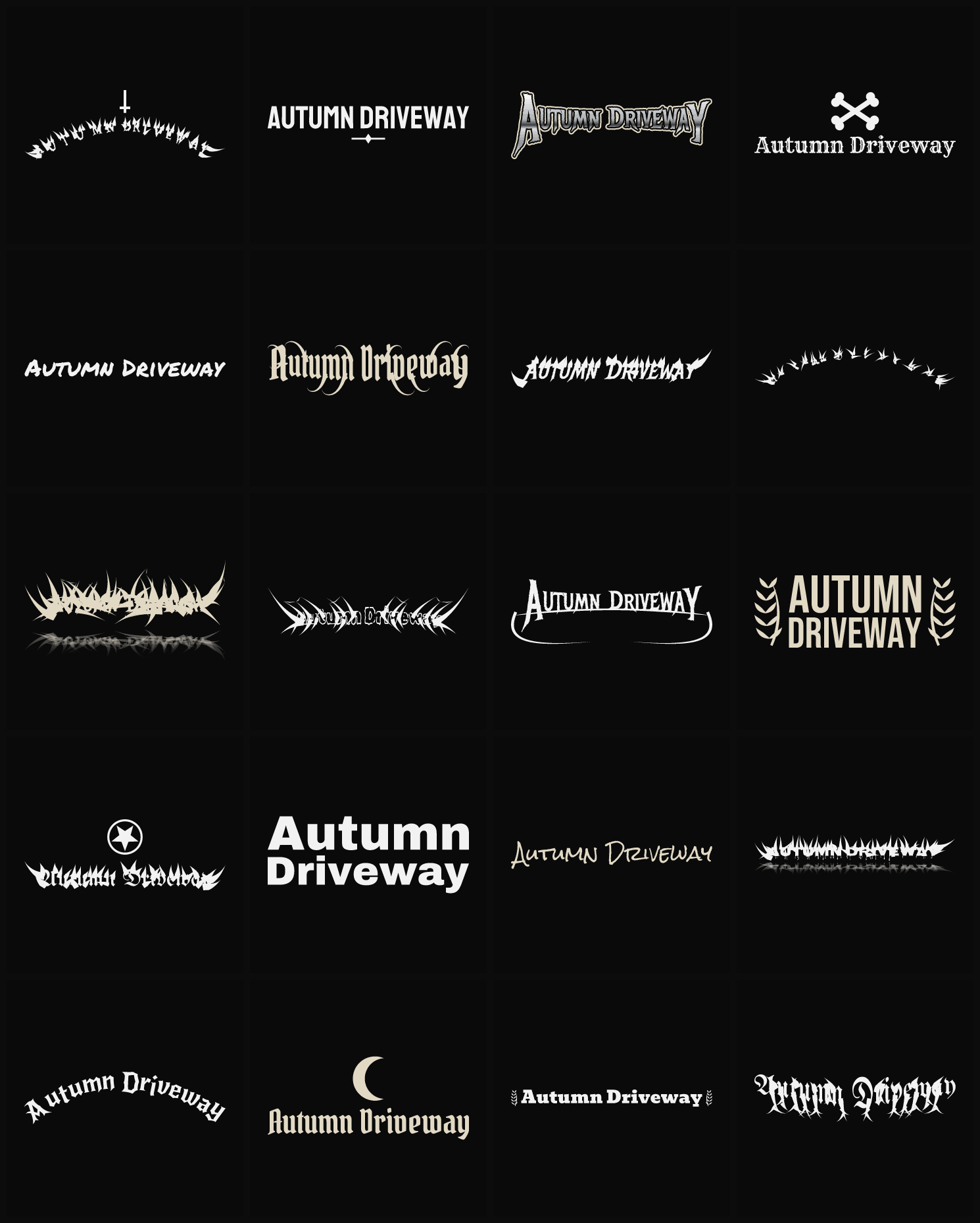 Twenty Autumn Driveway band logo ideas — different faces, treatments and spike settings