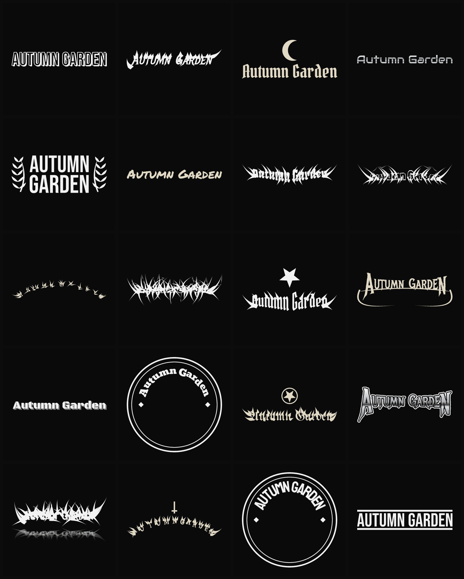 Twenty Autumn Garden band logo ideas — different faces, treatments and spike settings