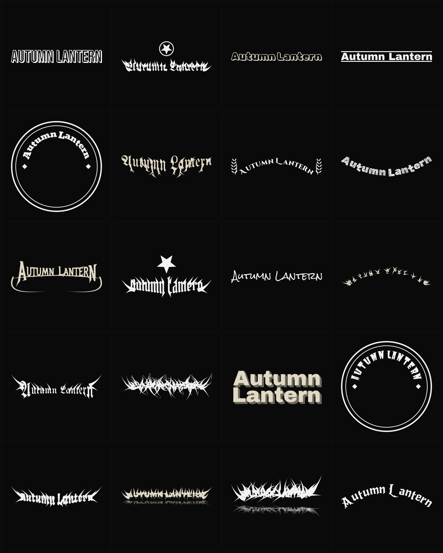 Twenty Autumn Lantern band logo ideas — different faces, treatments and spike settings