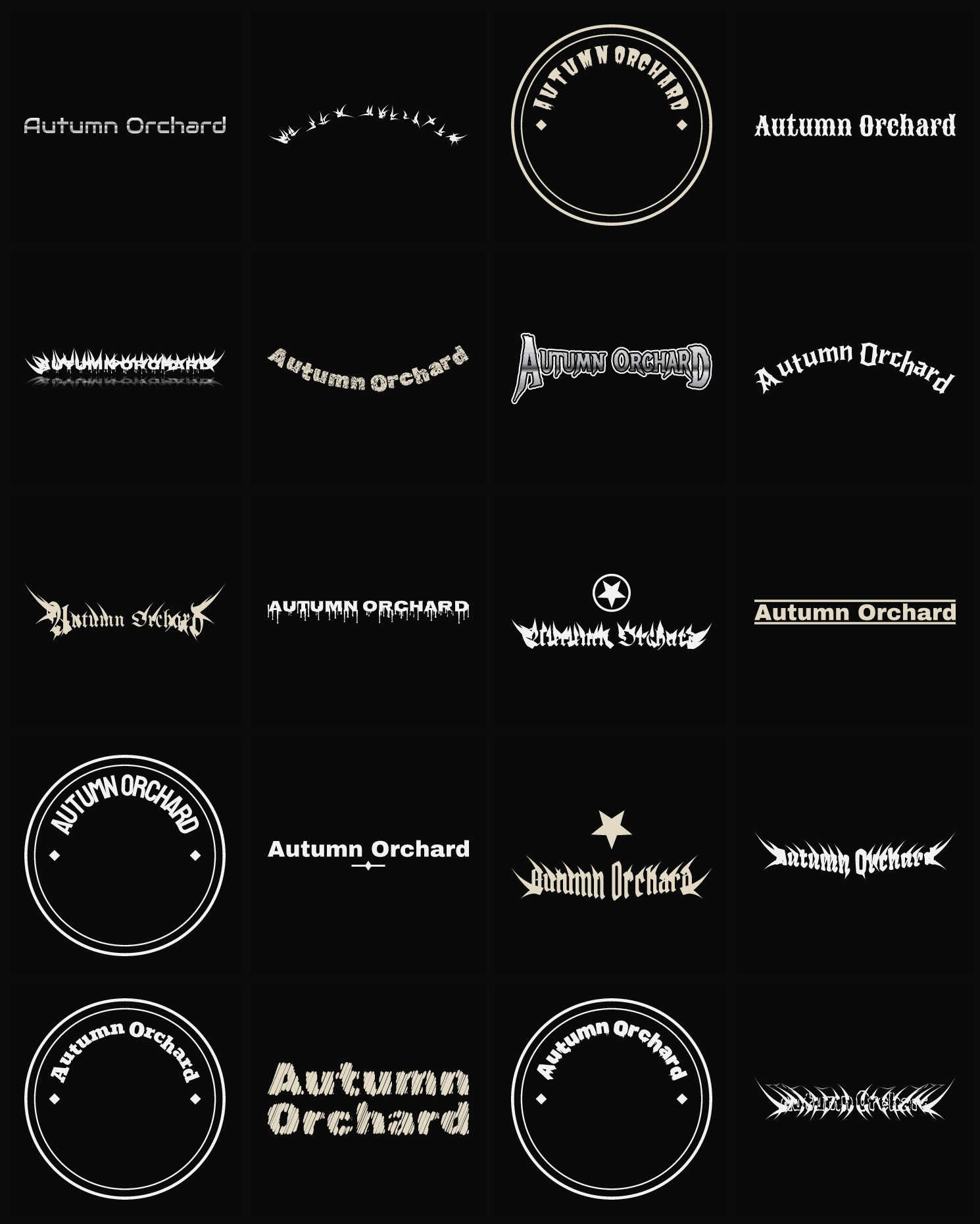 Twenty Autumn Orchard band logo ideas — different faces, treatments and spike settings