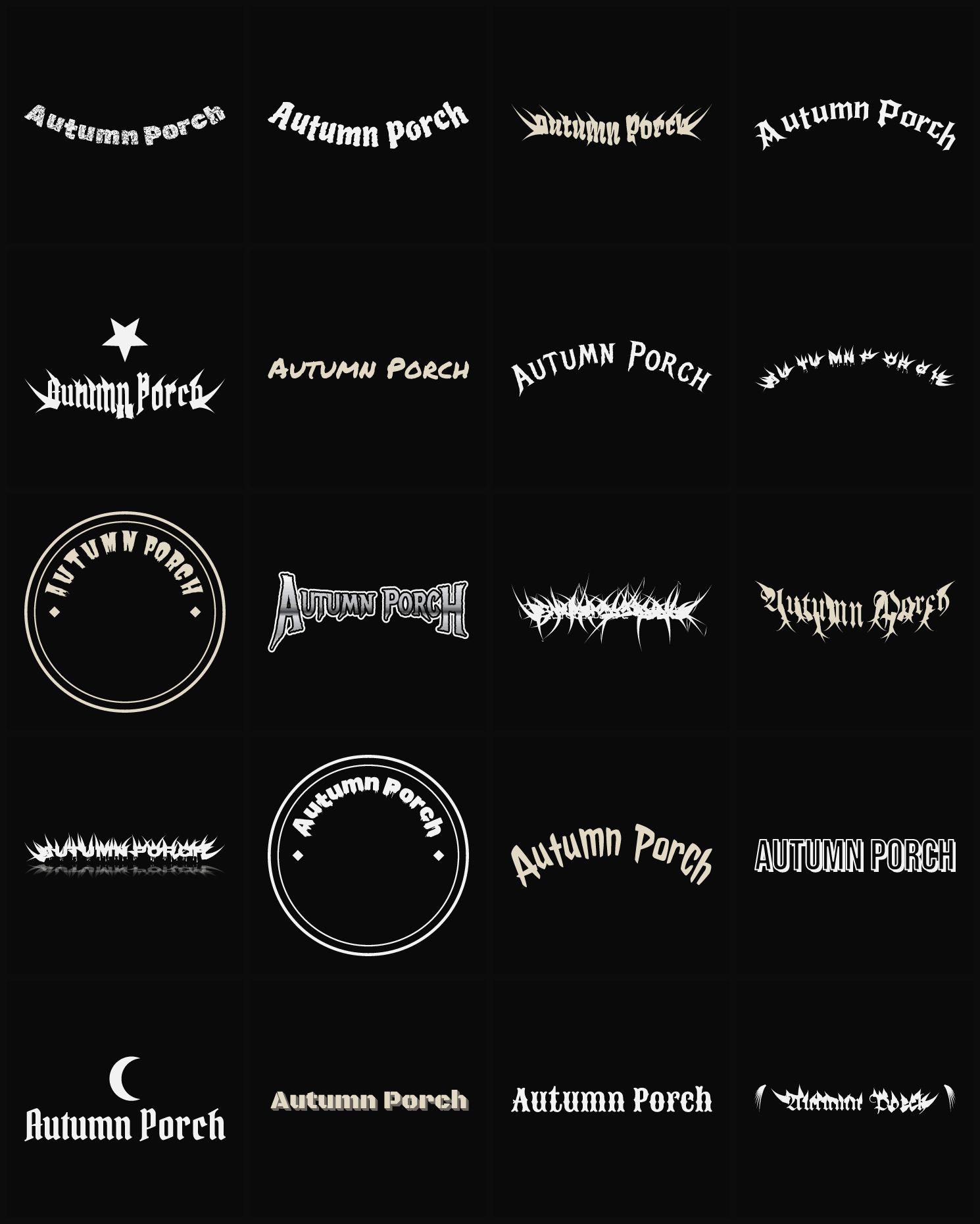 Twenty Autumn Porch band logo ideas — different faces, treatments and spike settings
