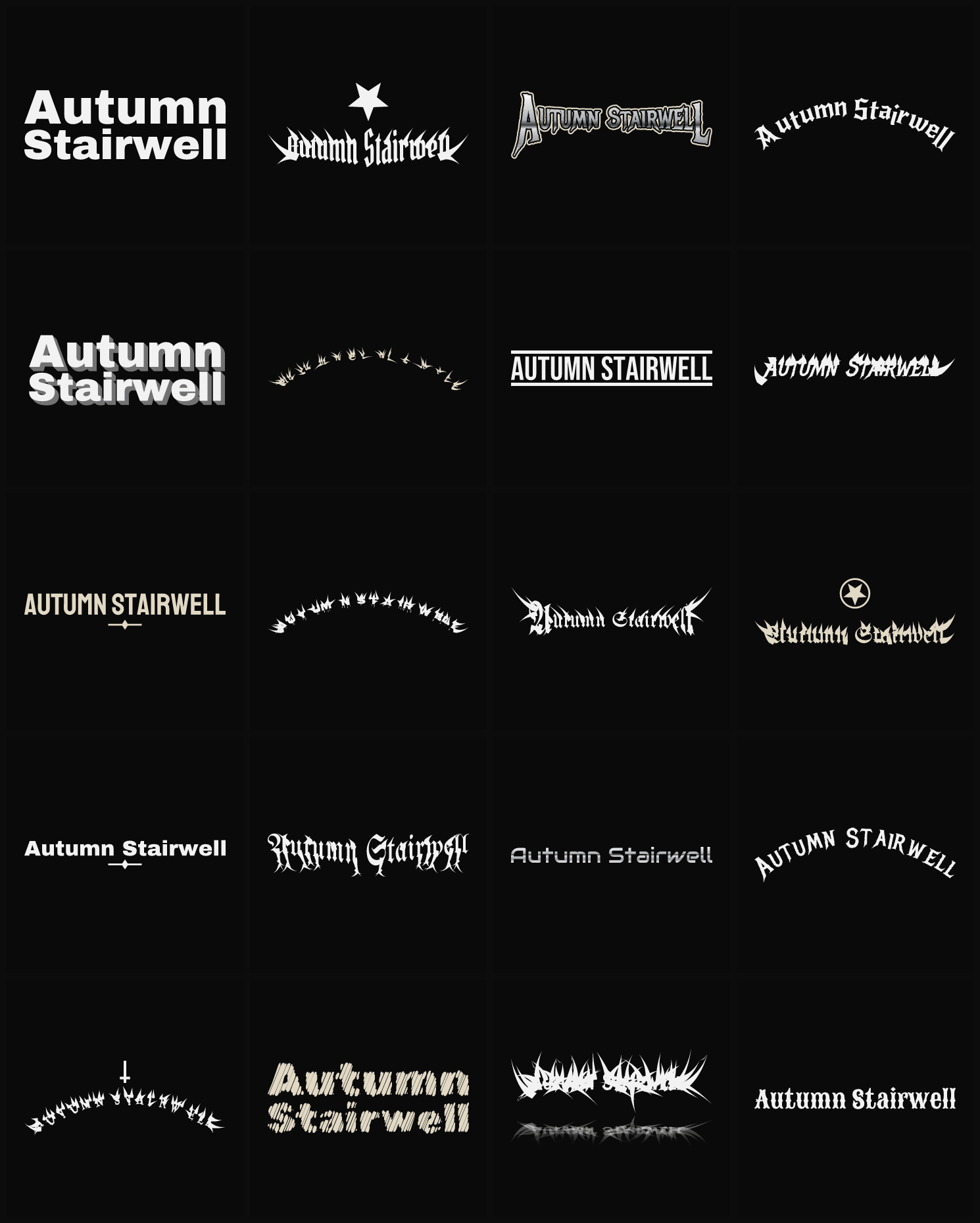 Twenty Autumn Stairwell band logo ideas — different faces, treatments and spike settings