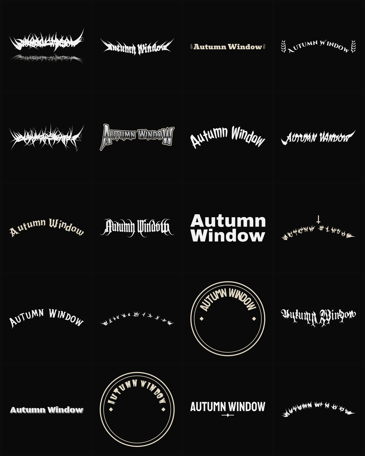 Twenty Autumn Window band logo ideas — different faces, treatments and spike settings