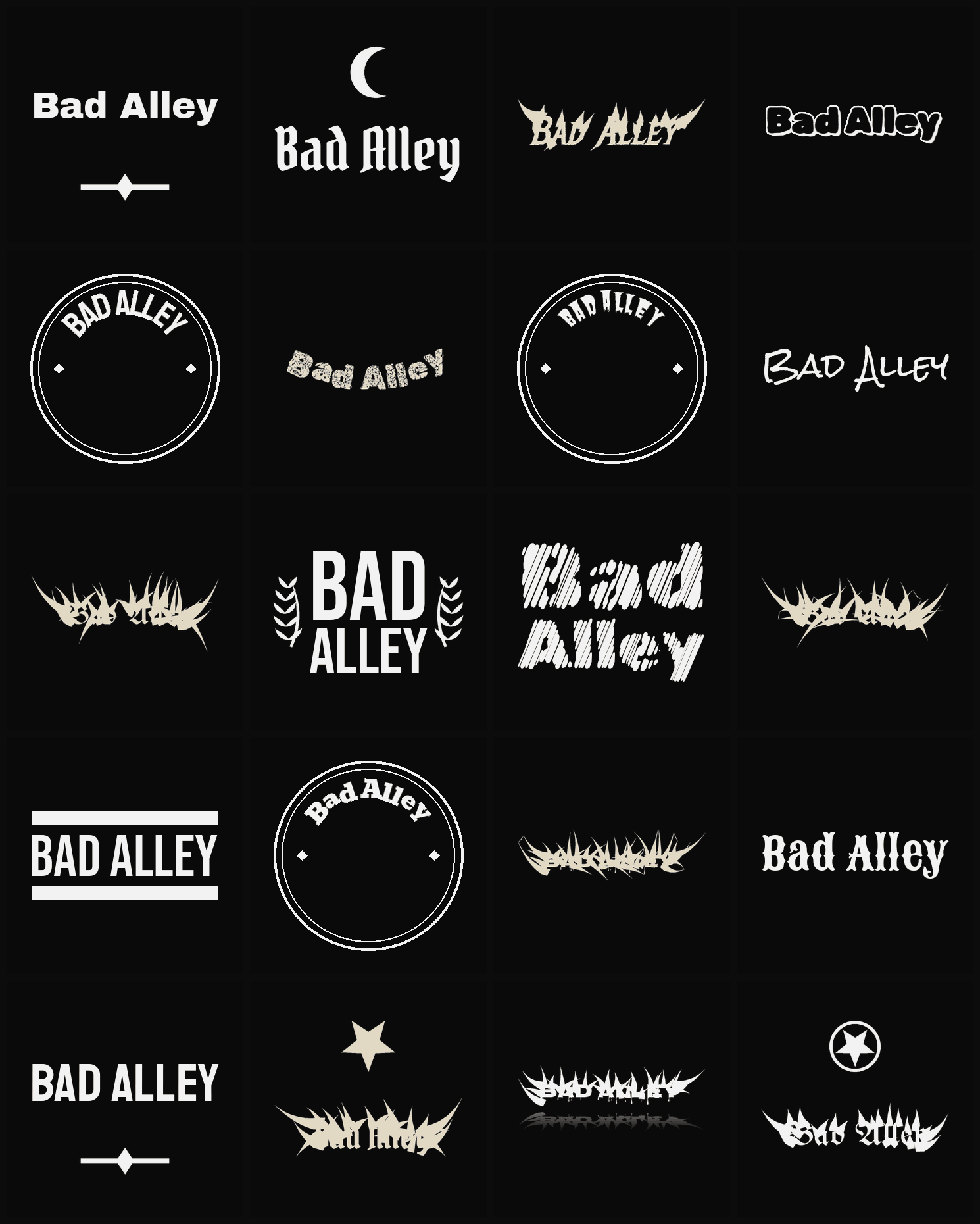 Twenty Bad Alley band logo ideas — different faces, treatments and spike settings