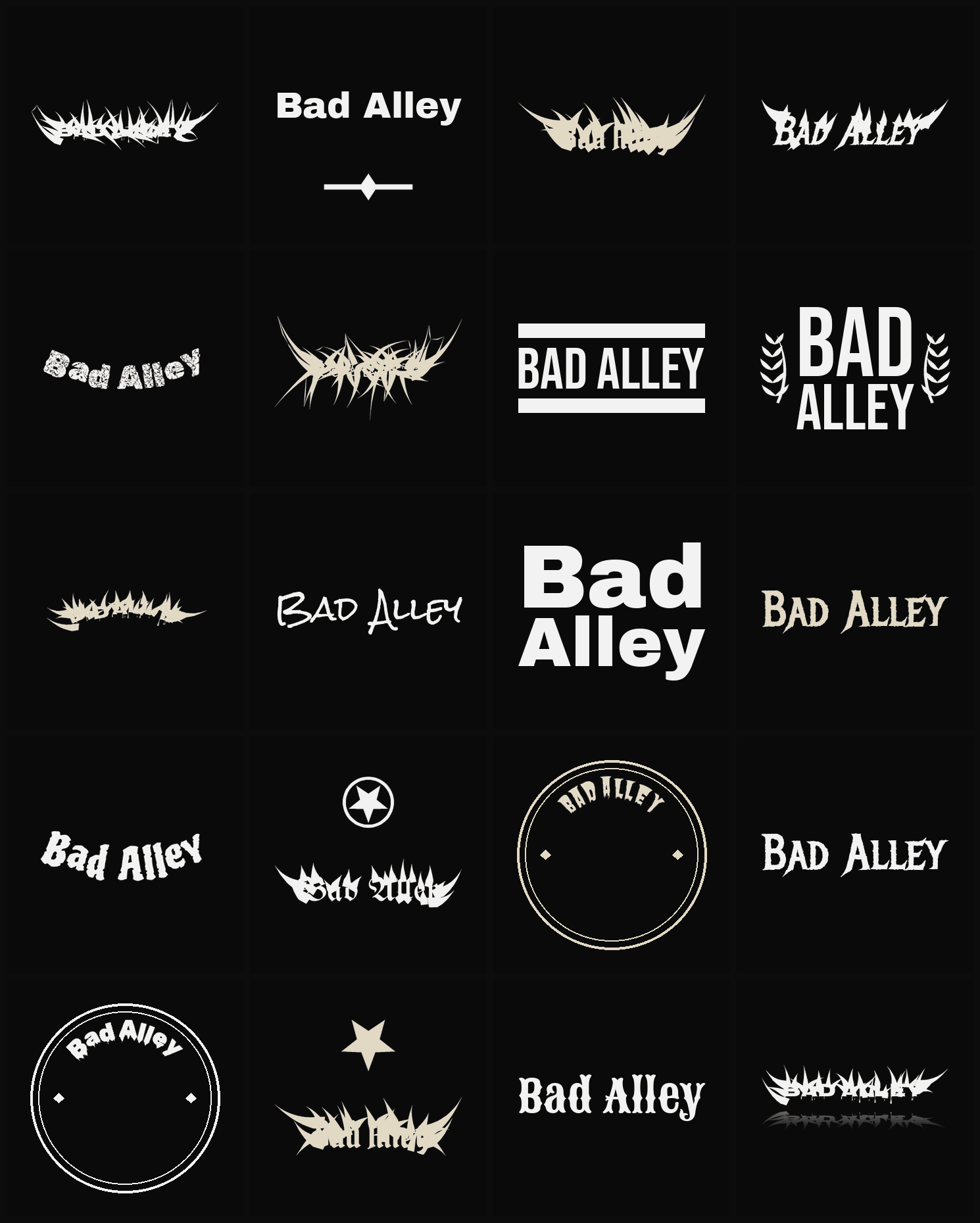 Twenty Bad Alley band logo ideas — different faces, treatments and spike settings