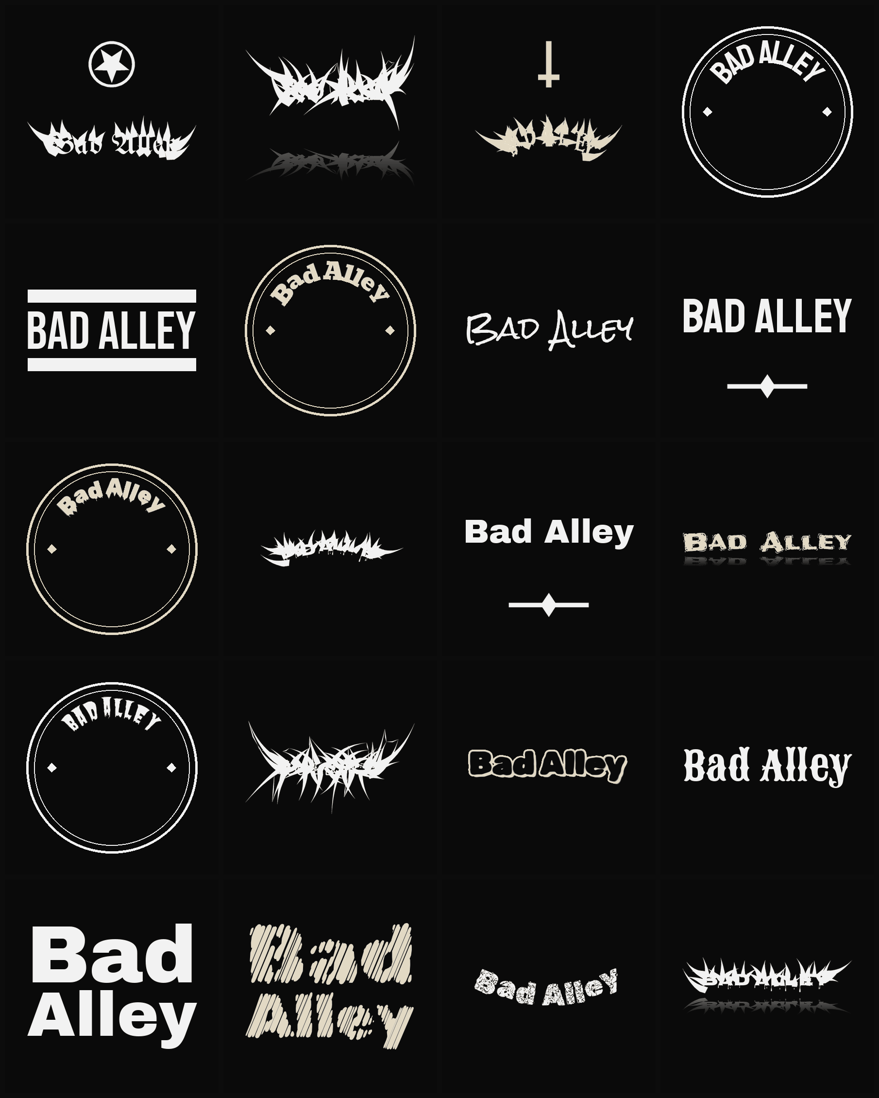 Twenty Bad Alley band logo ideas — different faces, treatments and spike settings