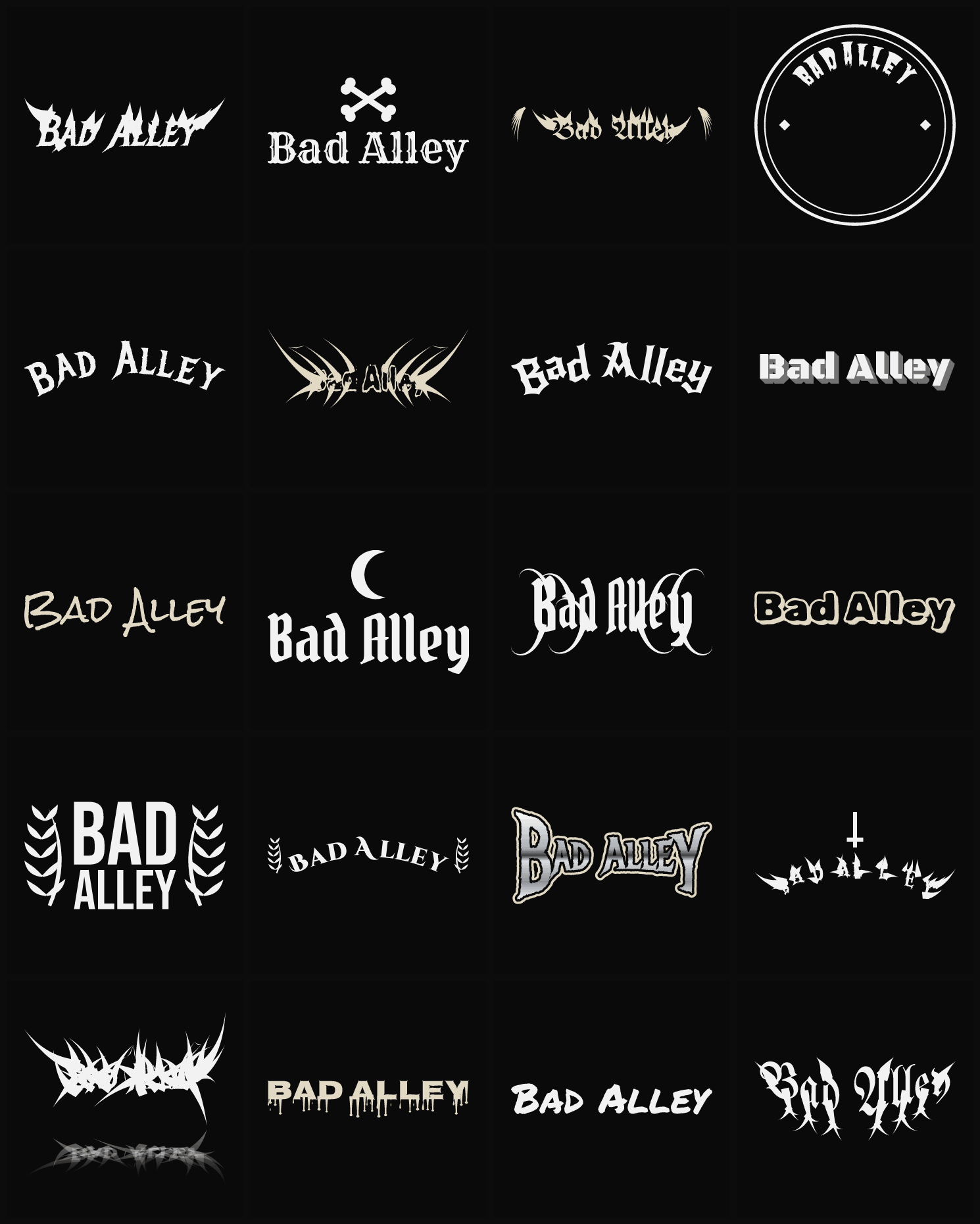Twenty Bad Alley band logo ideas — different faces, treatments and spike settings