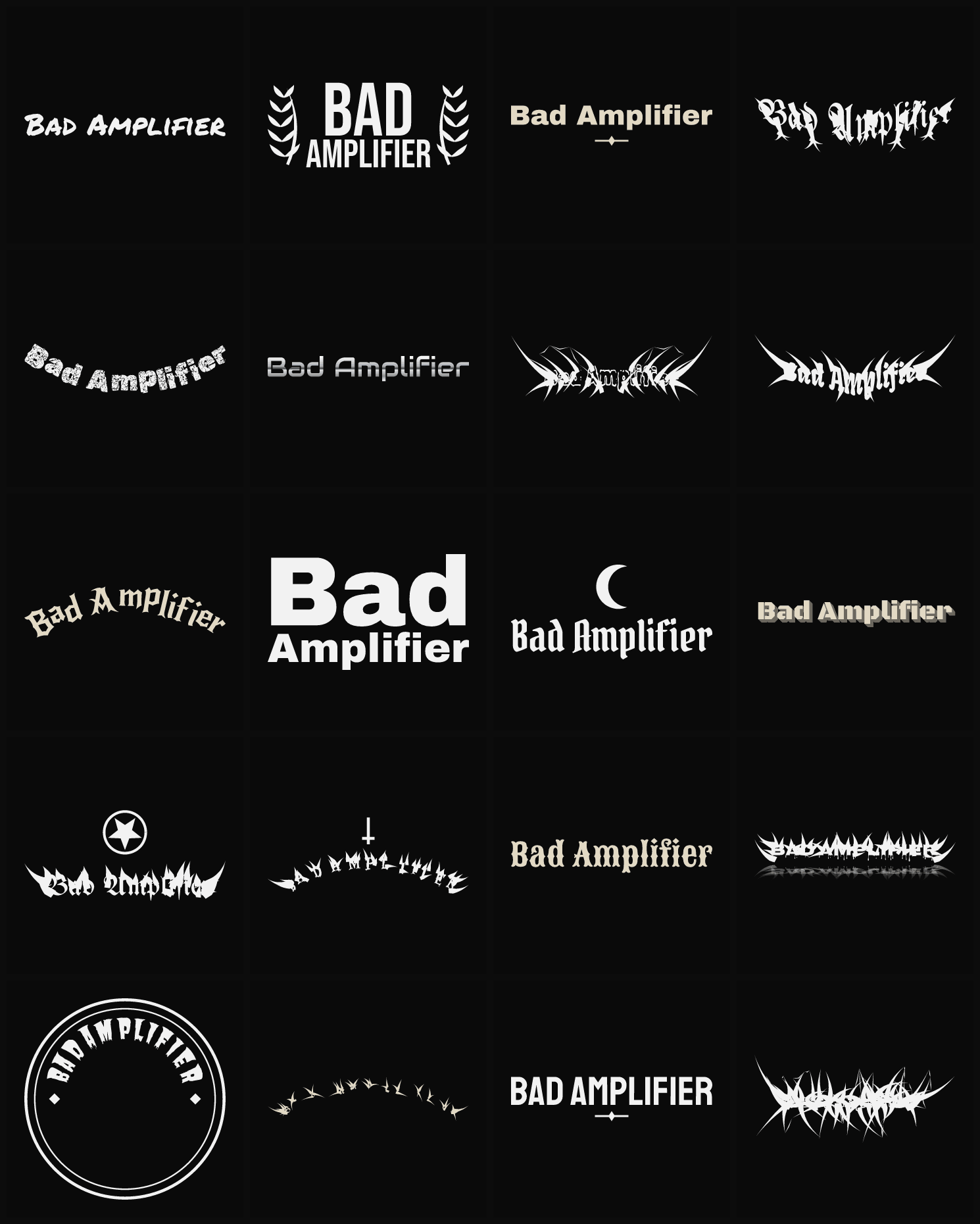 Twenty Bad Amplifier band logo ideas — different faces, treatments and spike settings