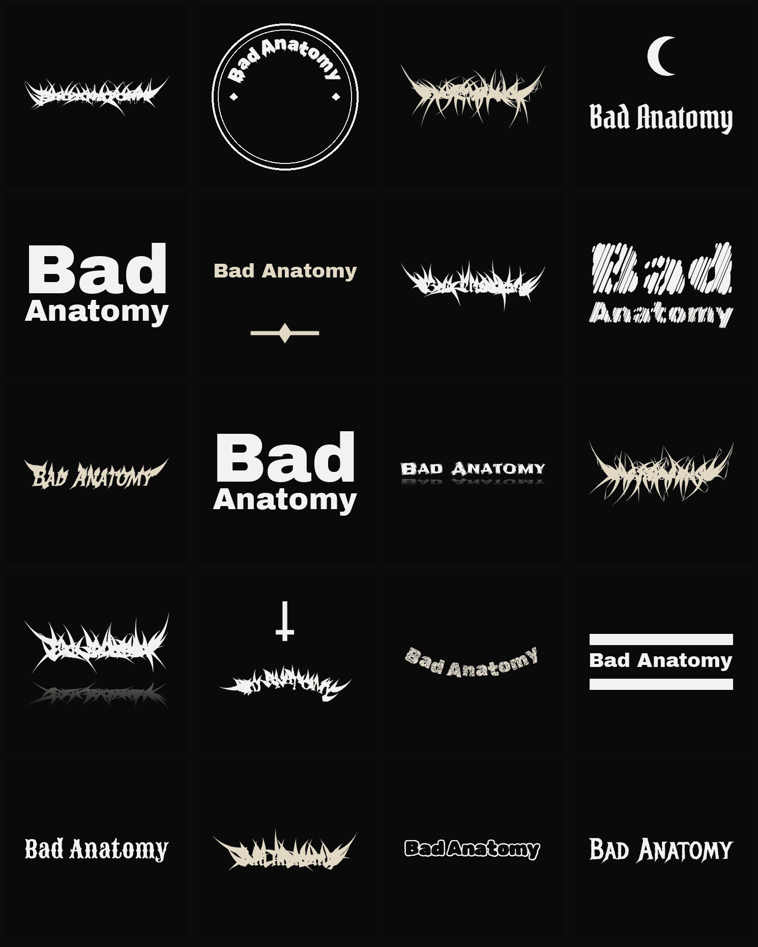 Twenty Bad Anatomy band logo ideas — different faces, treatments and spike settings
