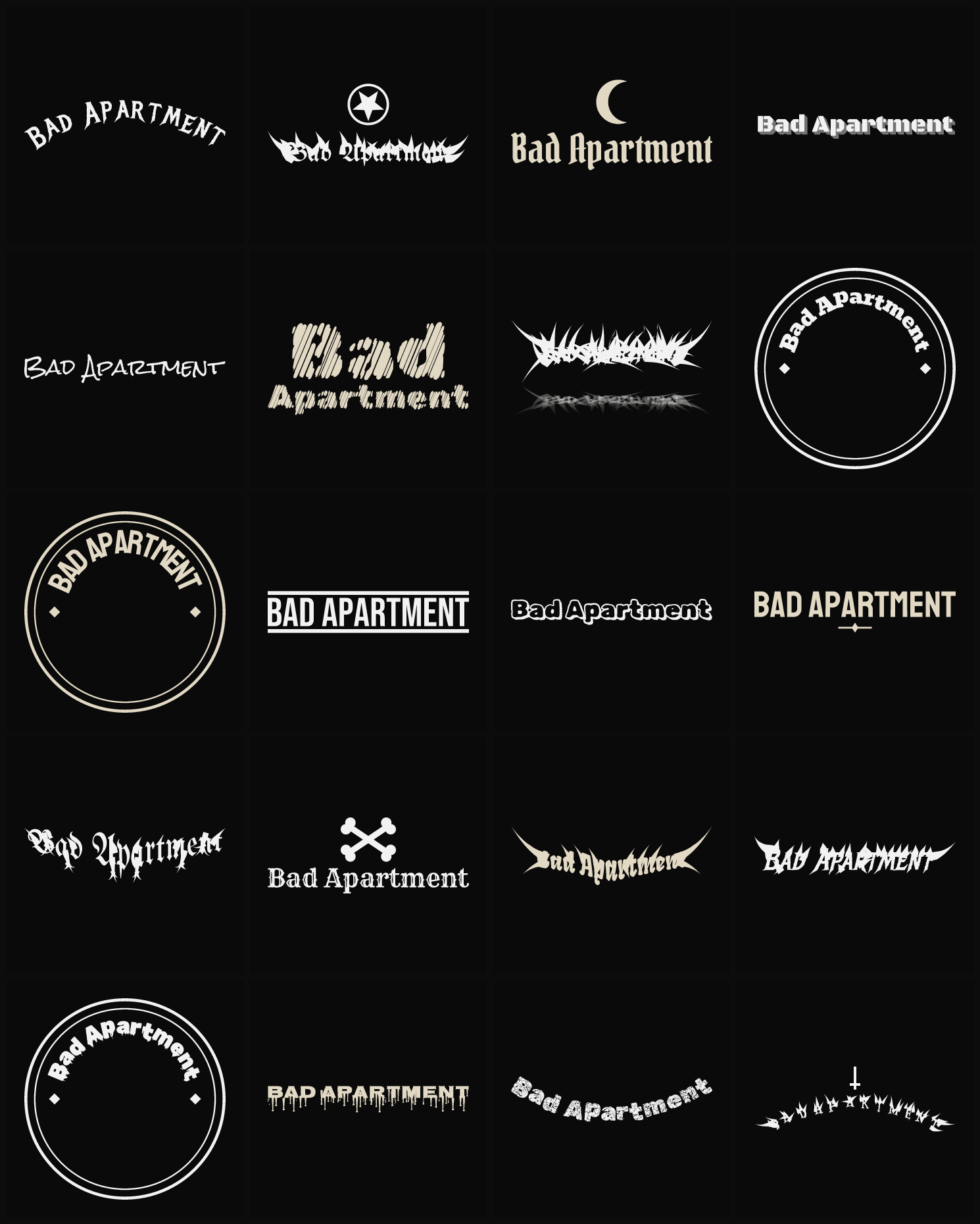 Twenty Bad Apartment band logo ideas — different faces, treatments and spike settings