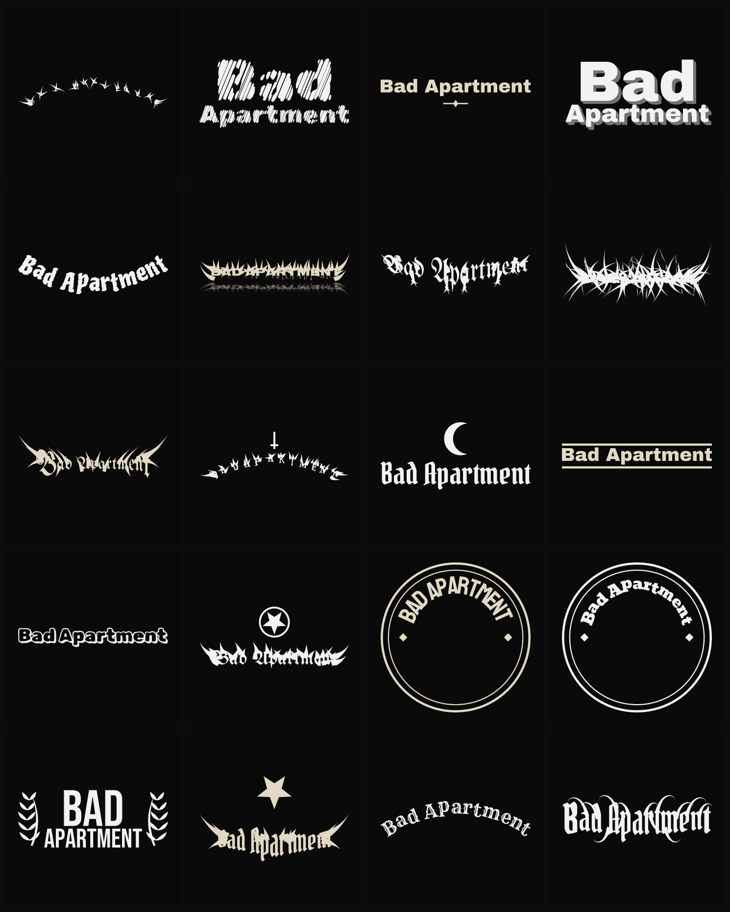 Twenty Bad Apartment band logo ideas — different faces, treatments and spike settings
