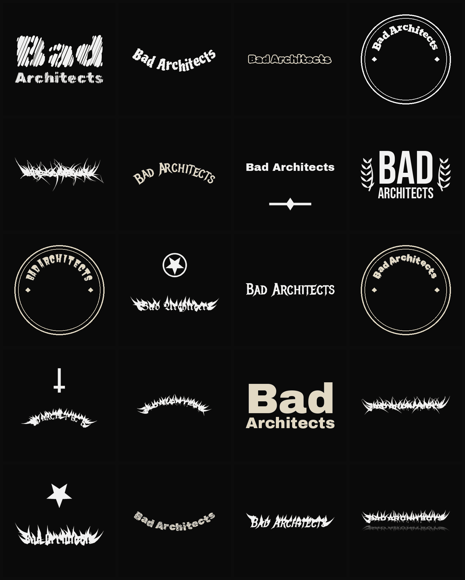 Twenty Bad Architects band logo ideas — different faces, treatments and spike settings
