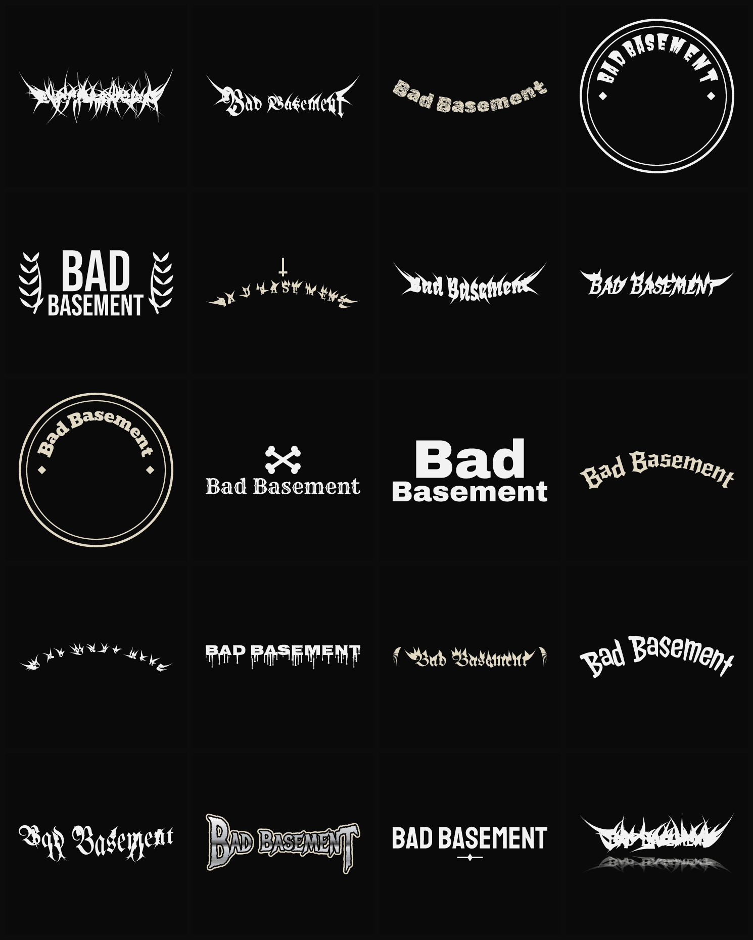 Twenty Bad Basement band logo ideas — different faces, treatments and spike settings
