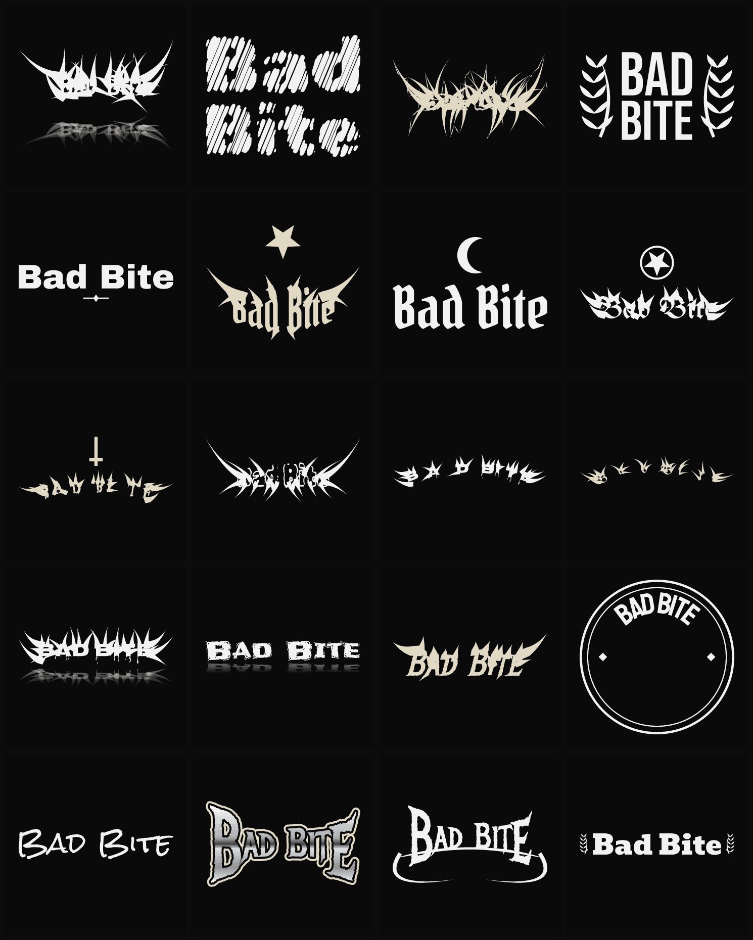 Twenty Bad Bite band logo ideas — different faces, treatments and spike settings