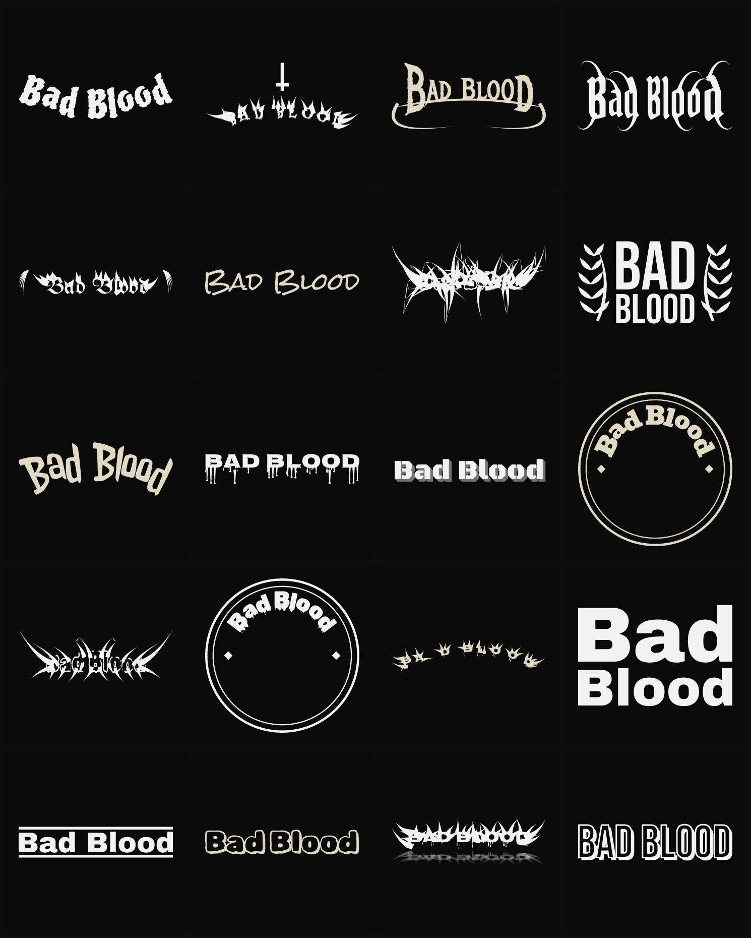 Twenty Bad Blood band logo ideas — different faces, treatments and spike settings