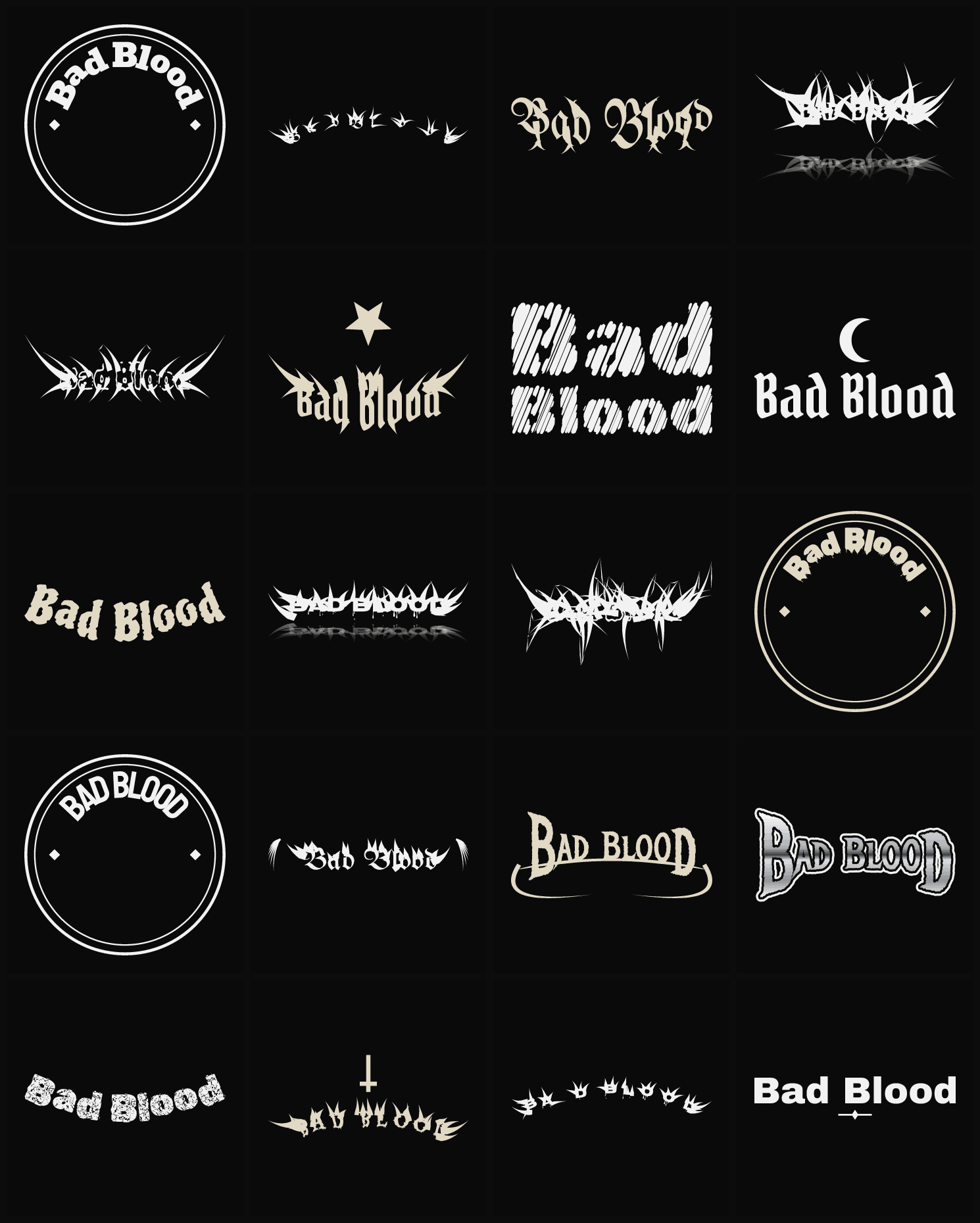 Twenty Bad Blood band logo ideas — different faces, treatments and spike settings