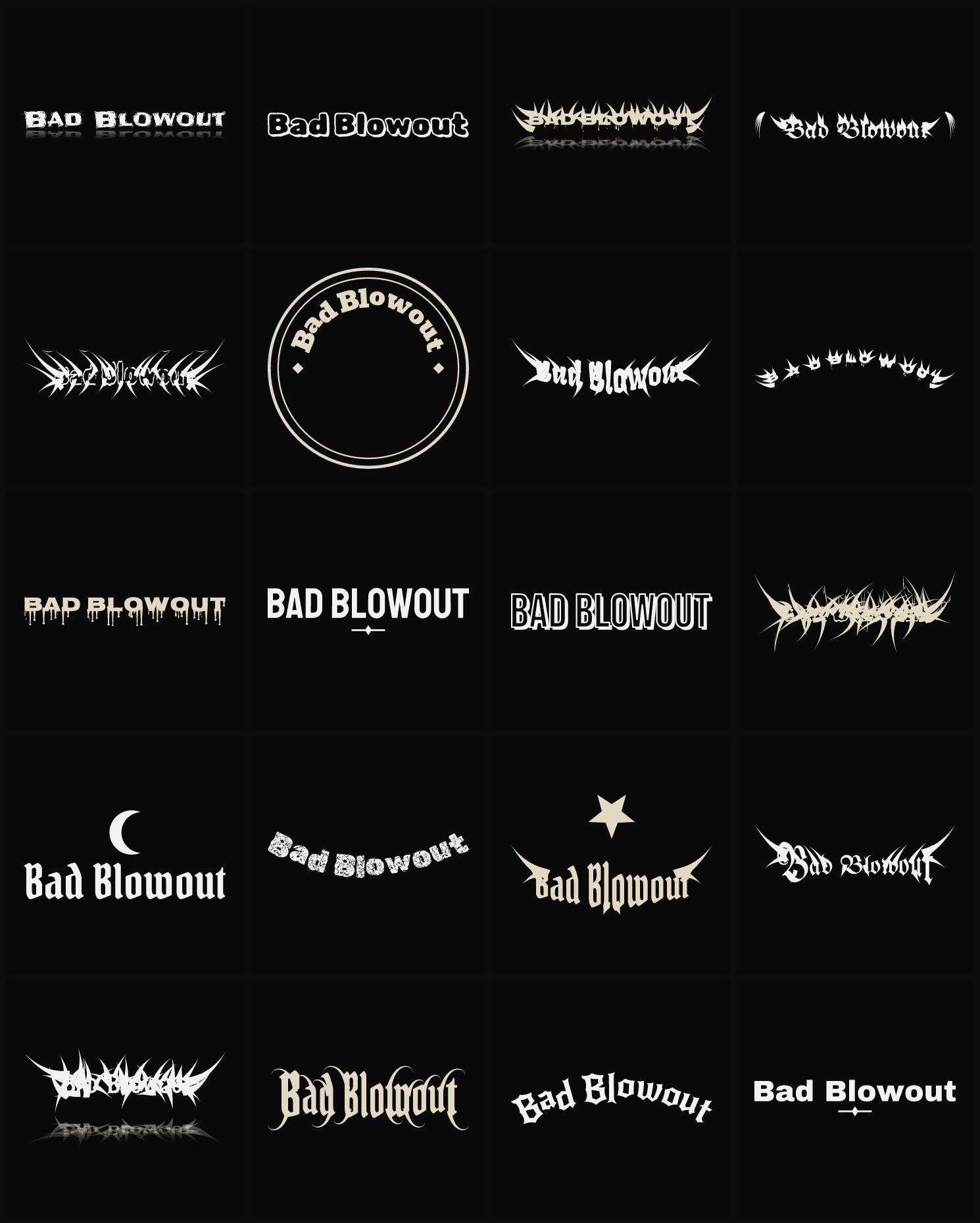 Twenty Bad Blowout band logo ideas — different faces, treatments and spike settings