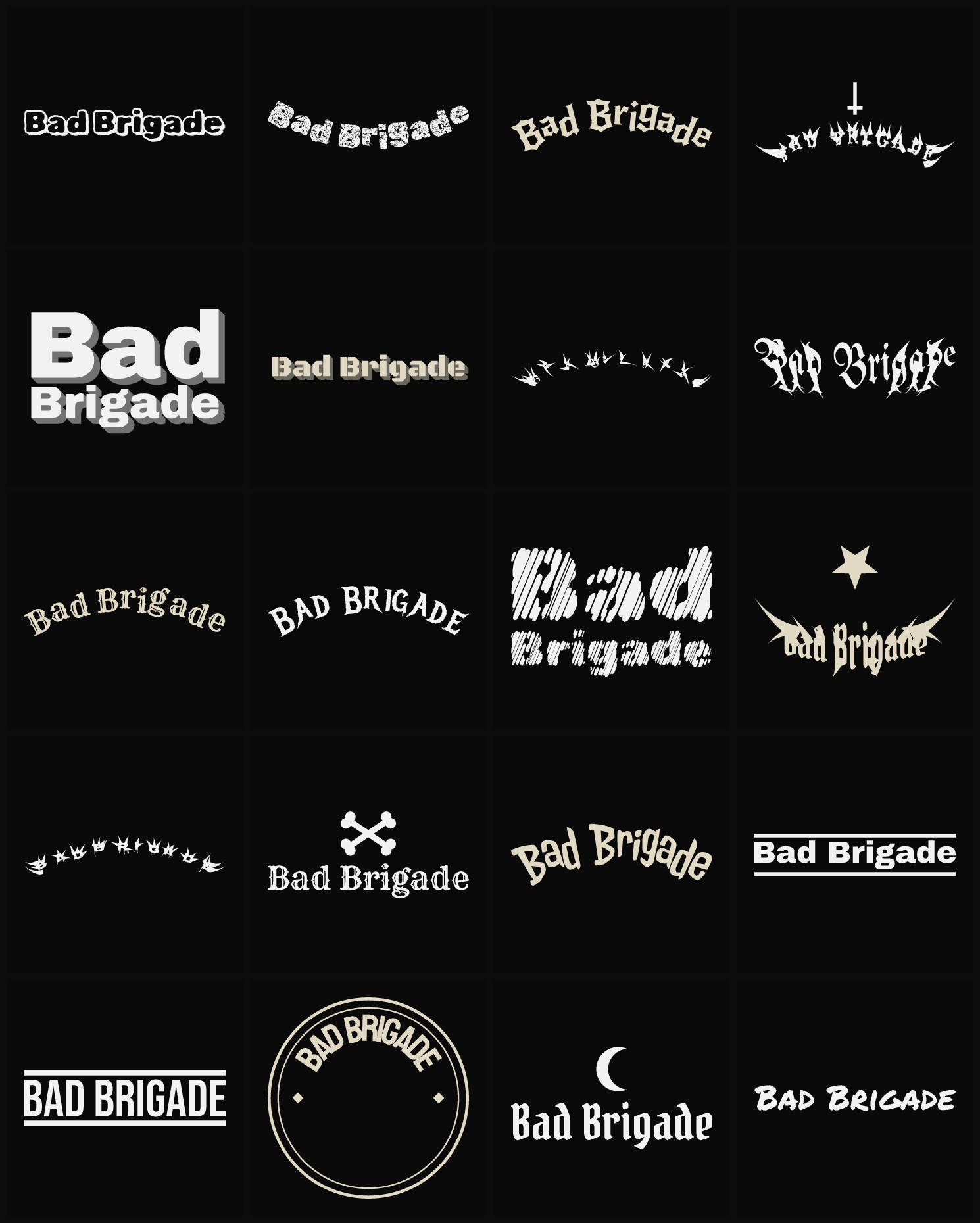 Twenty Bad Brigade band logo ideas — different faces, treatments and spike settings