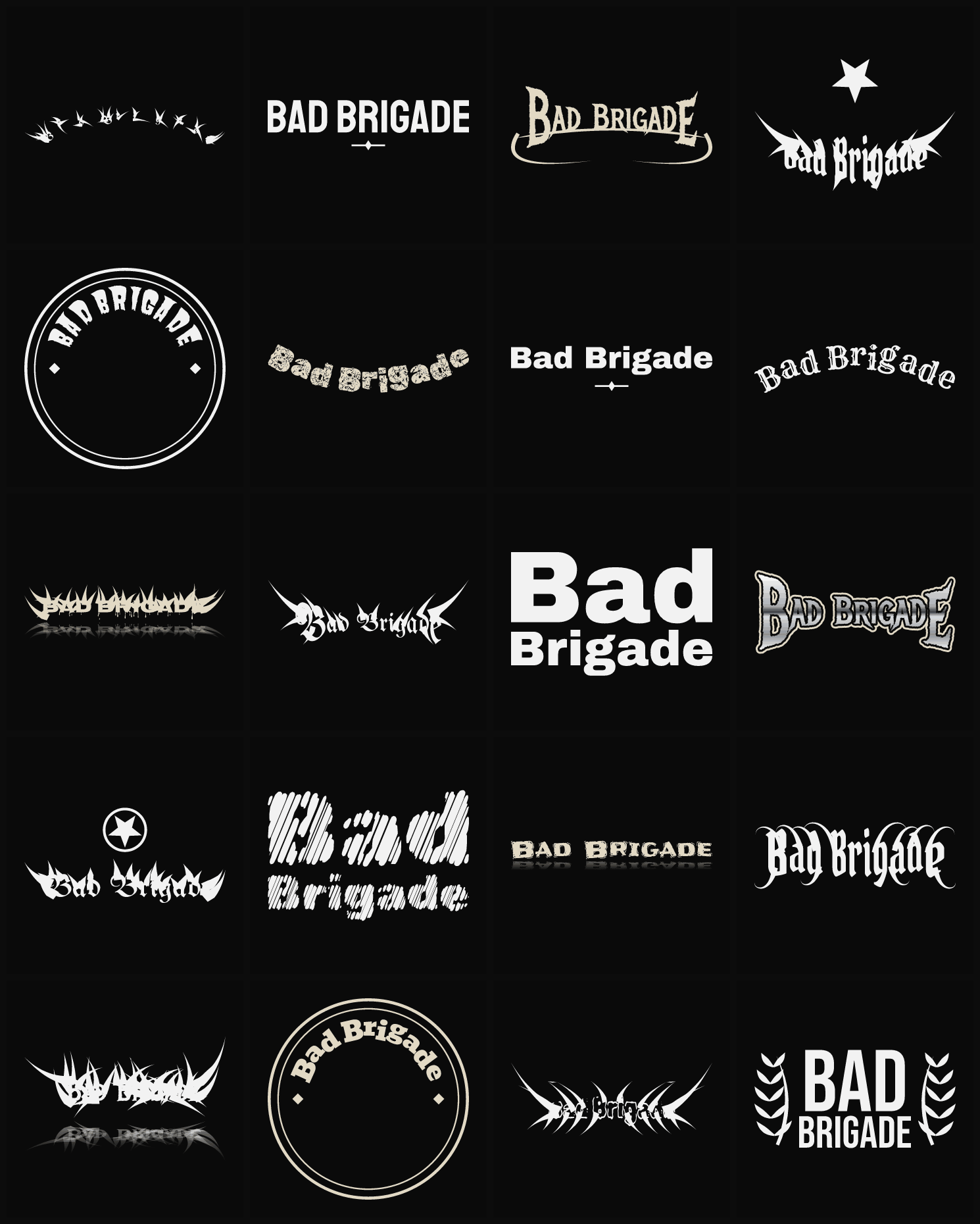 Twenty Bad Brigade band logo ideas — different faces, treatments and spike settings