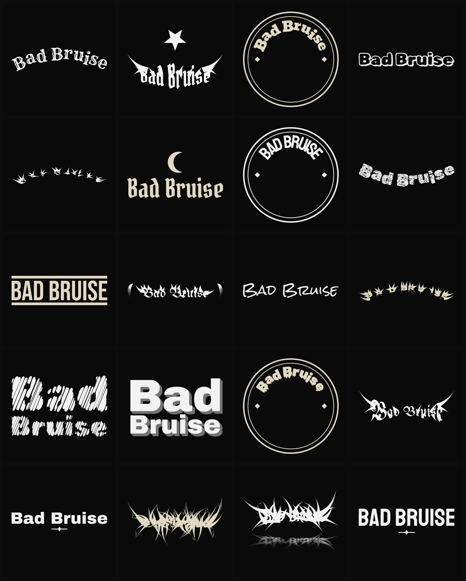Twenty Bad Bruise band logo ideas — different faces, treatments and spike settings