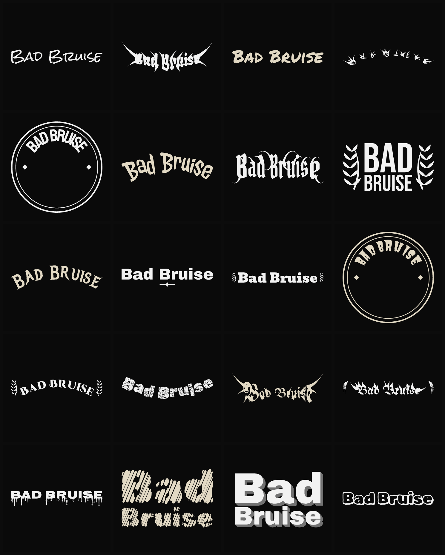Twenty Bad Bruise band logo ideas — different faces, treatments and spike settings