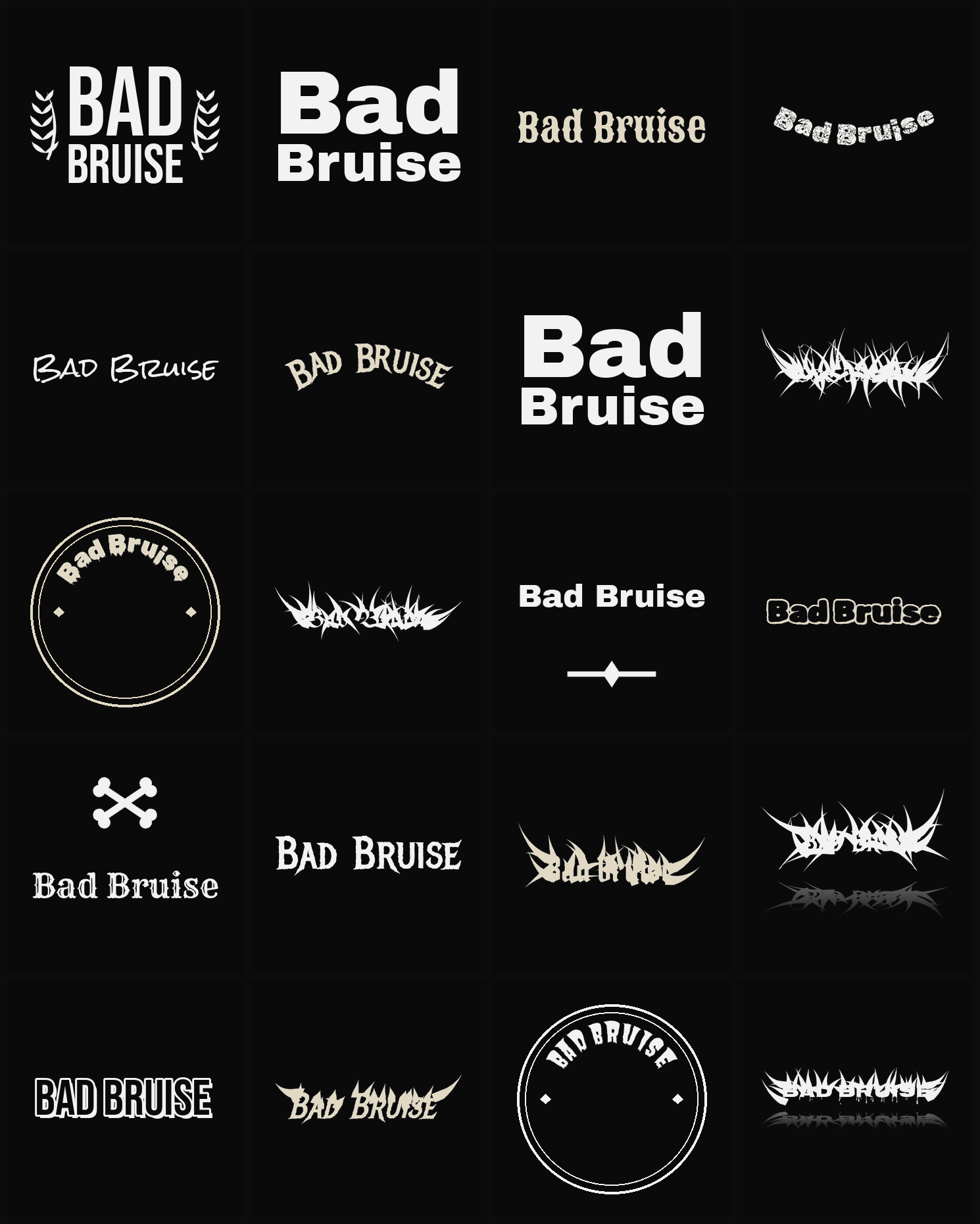 Twenty Bad Bruise band logo ideas — different faces, treatments and spike settings