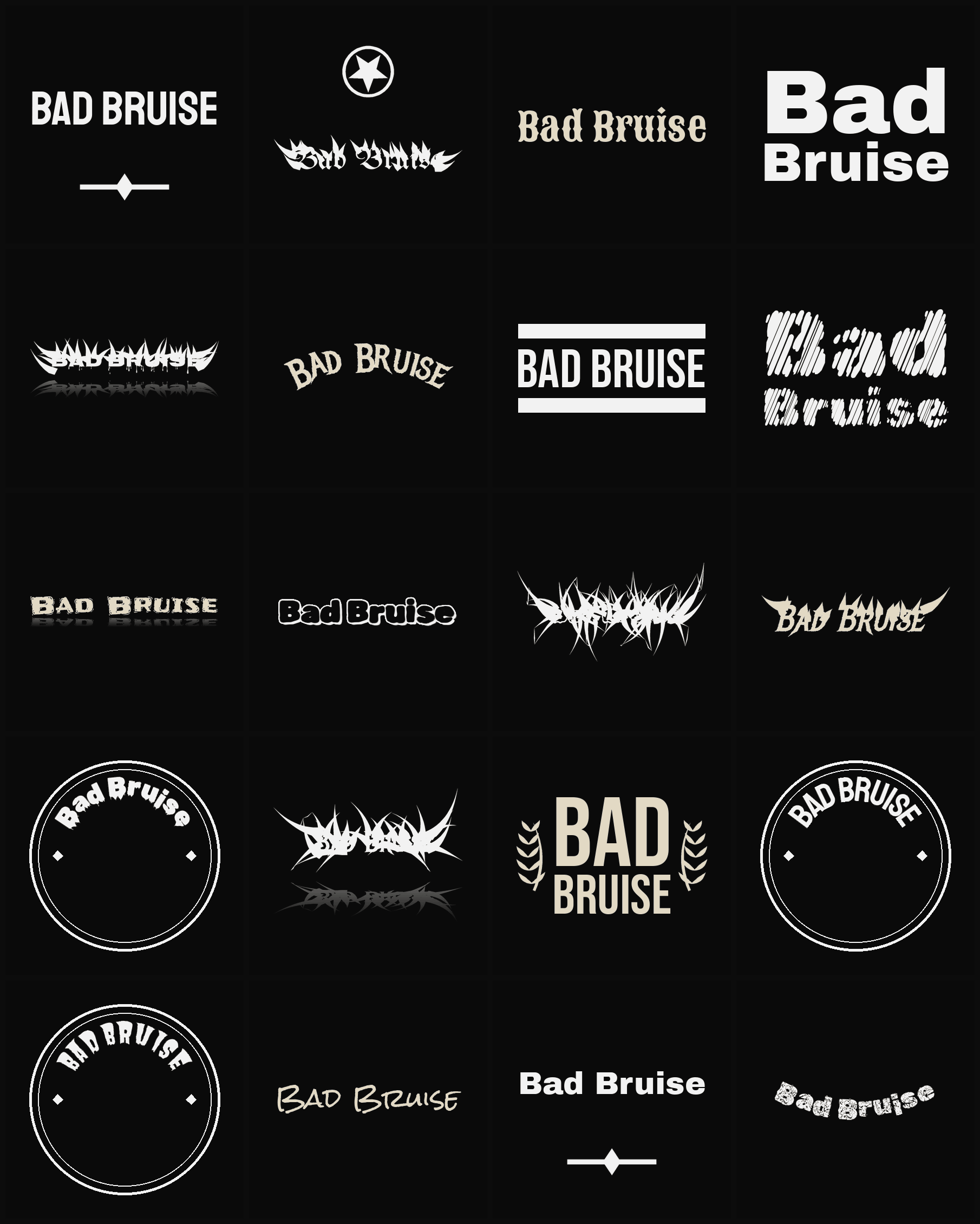 Twenty Bad Bruise band logo ideas — different faces, treatments and spike settings