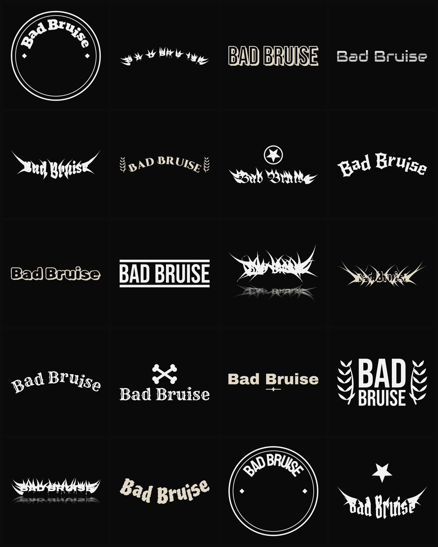Twenty Bad Bruise band logo ideas — different faces, treatments and spike settings