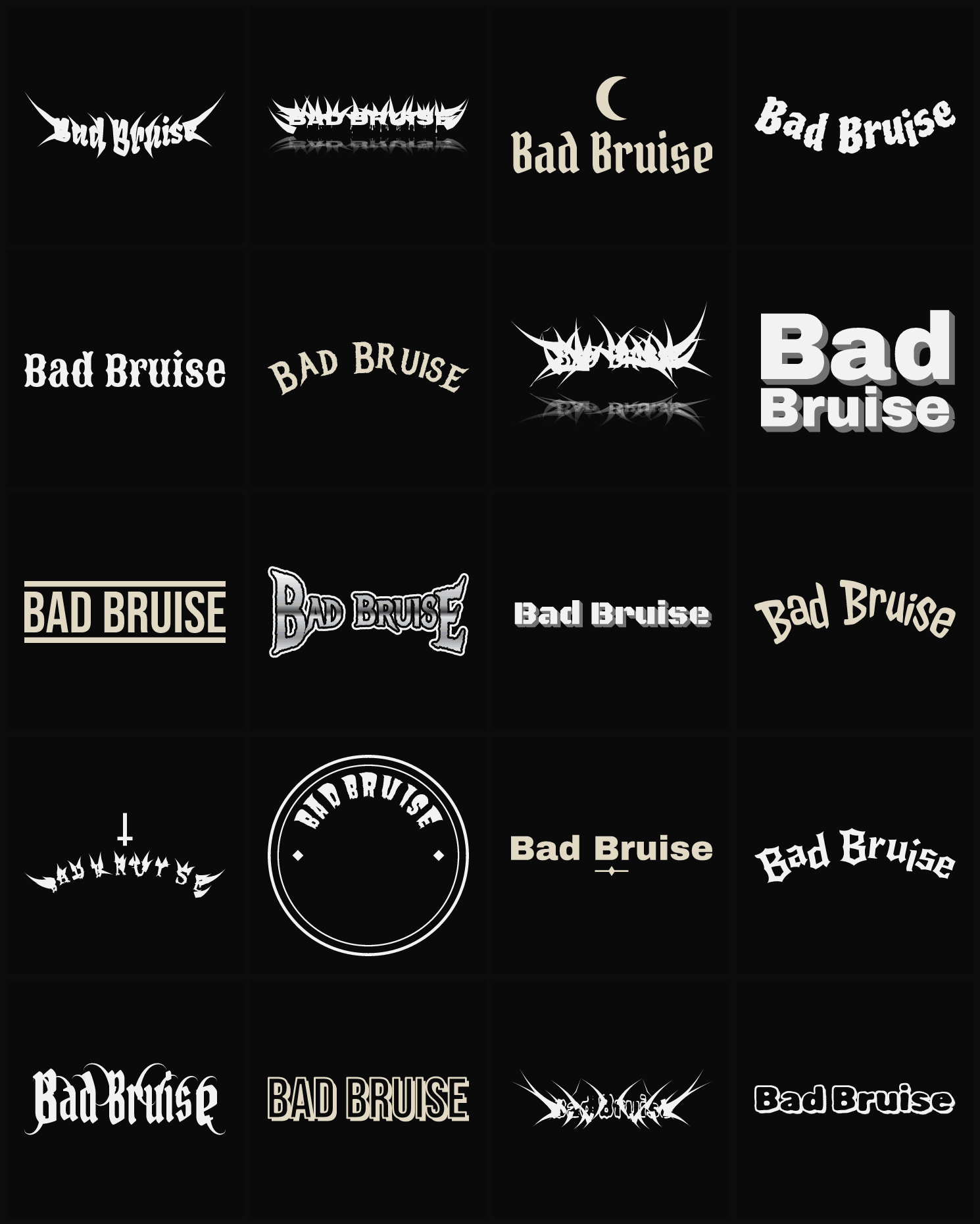 Twenty Bad Bruise band logo ideas — different faces, treatments and spike settings