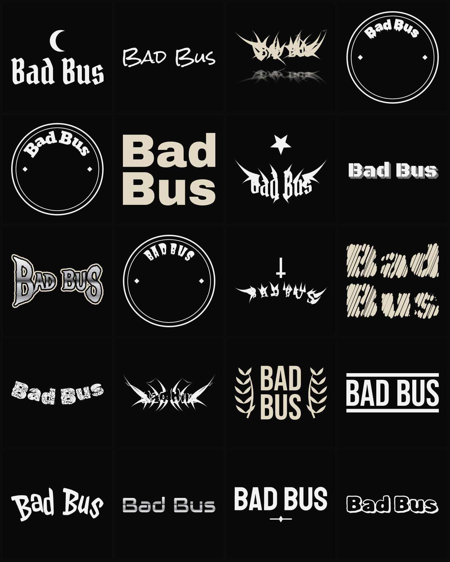 Twenty Bad Bus band logo ideas — different faces, treatments and spike settings