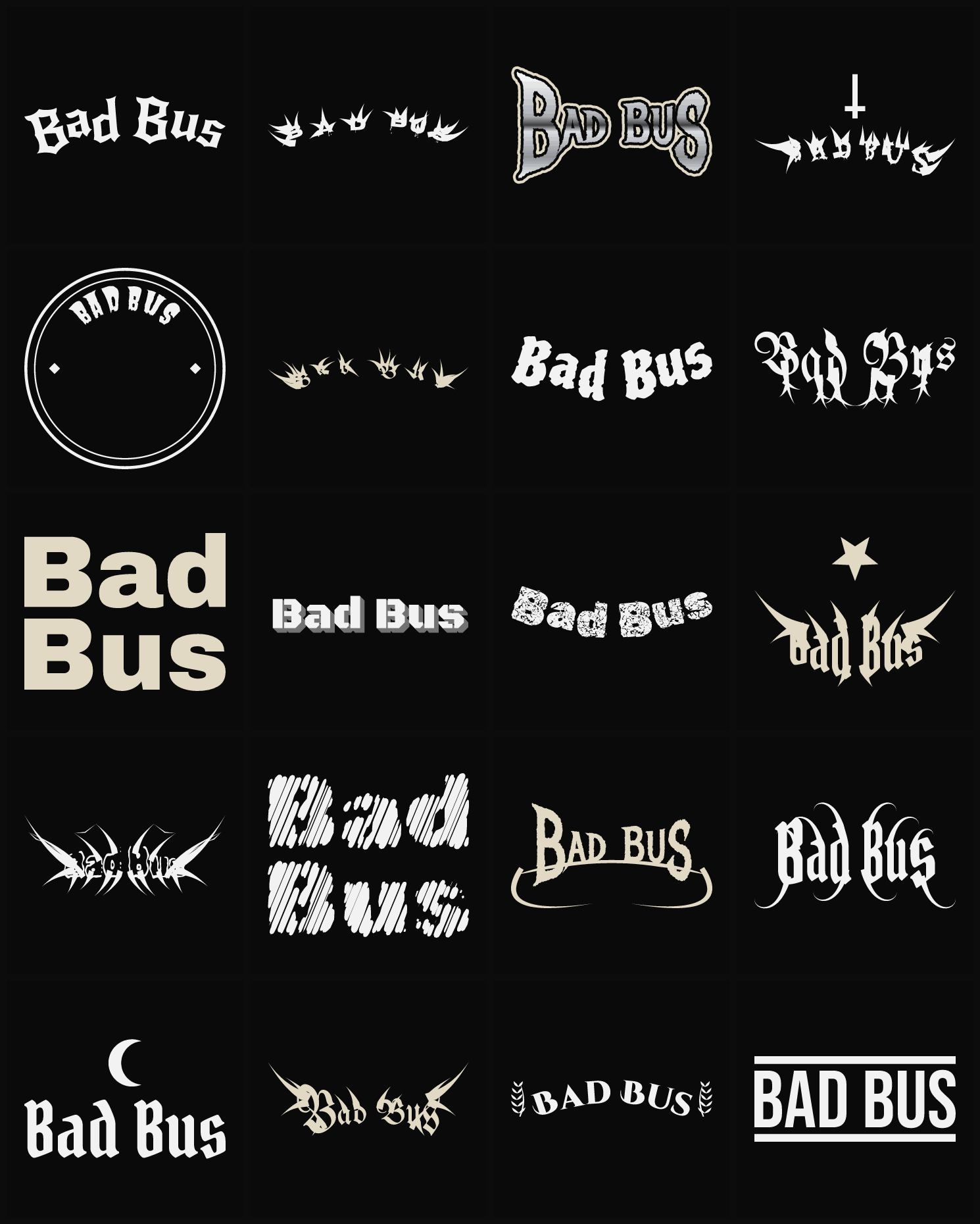 Twenty Bad Bus band logo ideas — different faces, treatments and spike settings