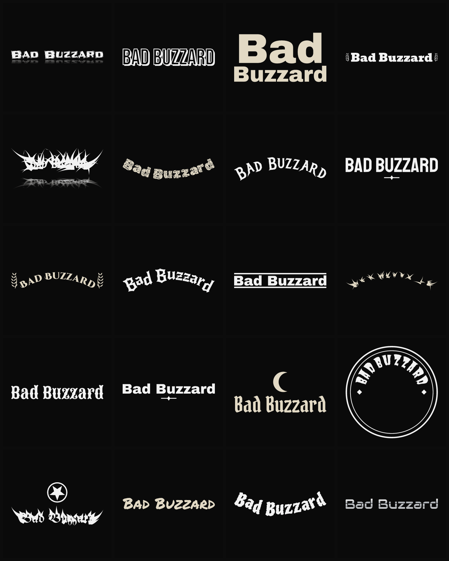 Twenty Bad Buzzard band logo ideas — different faces, treatments and spike settings