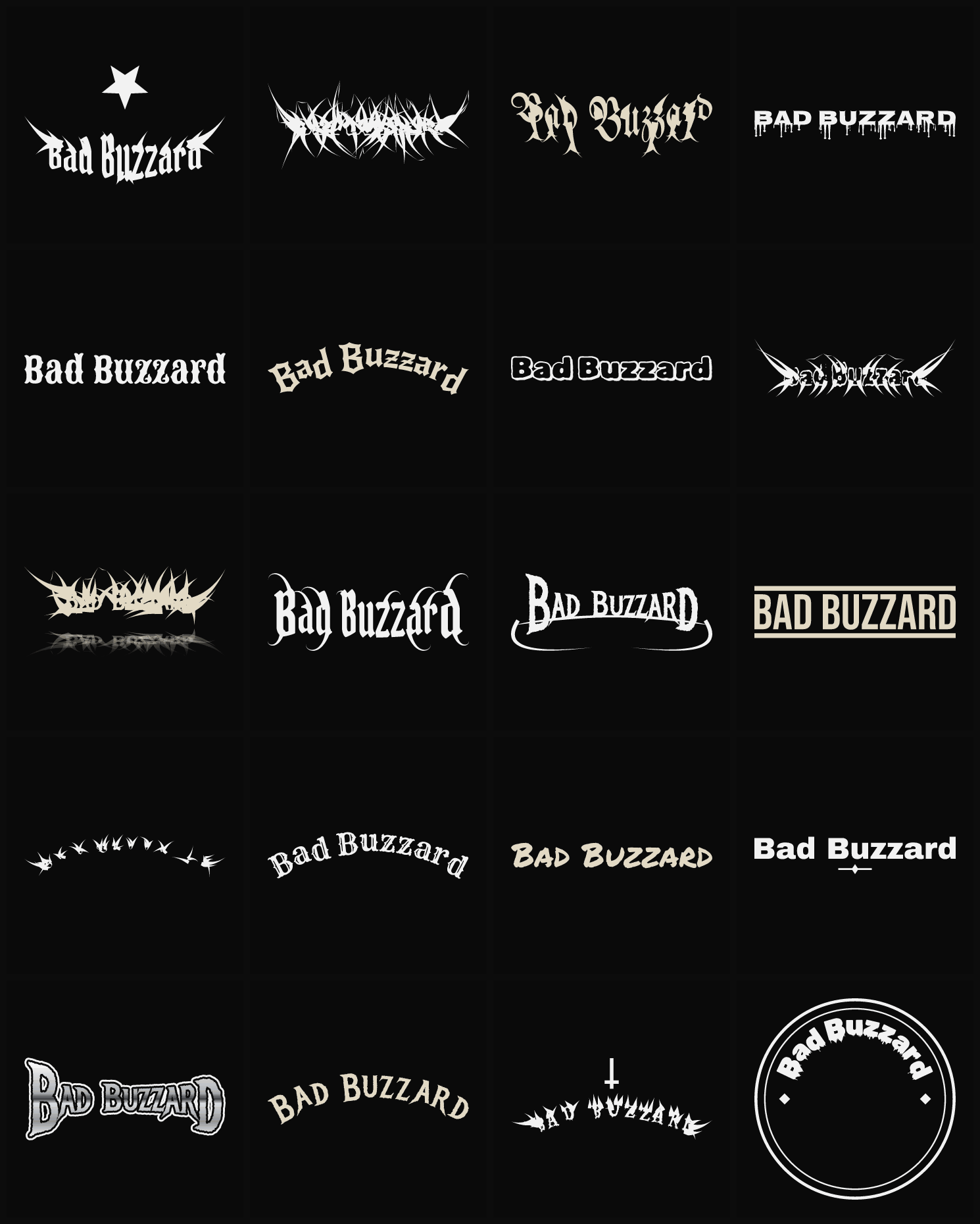 Twenty Bad Buzzard band logo ideas — different faces, treatments and spike settings