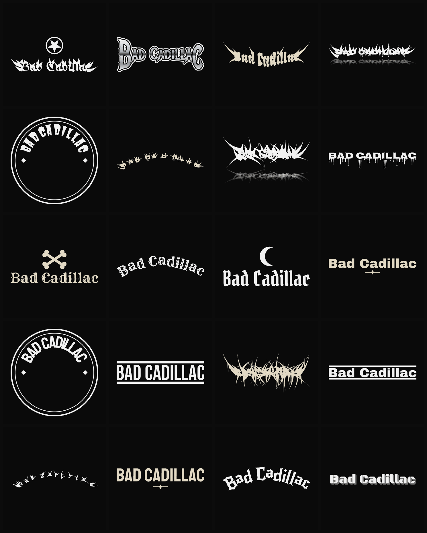 Twenty Bad Cadillac band logo ideas — different faces, treatments and spike settings