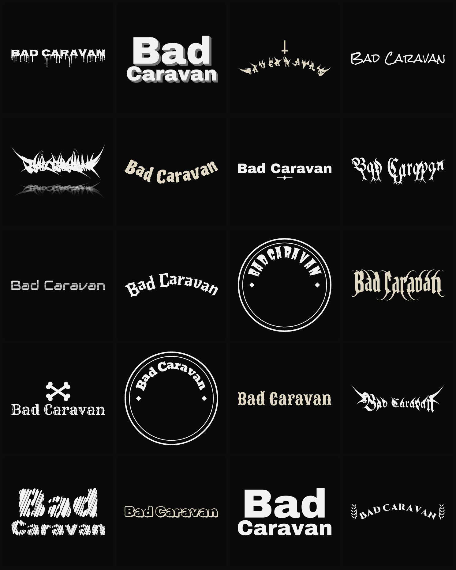 Twenty Bad Caravan band logo ideas — different faces, treatments and spike settings