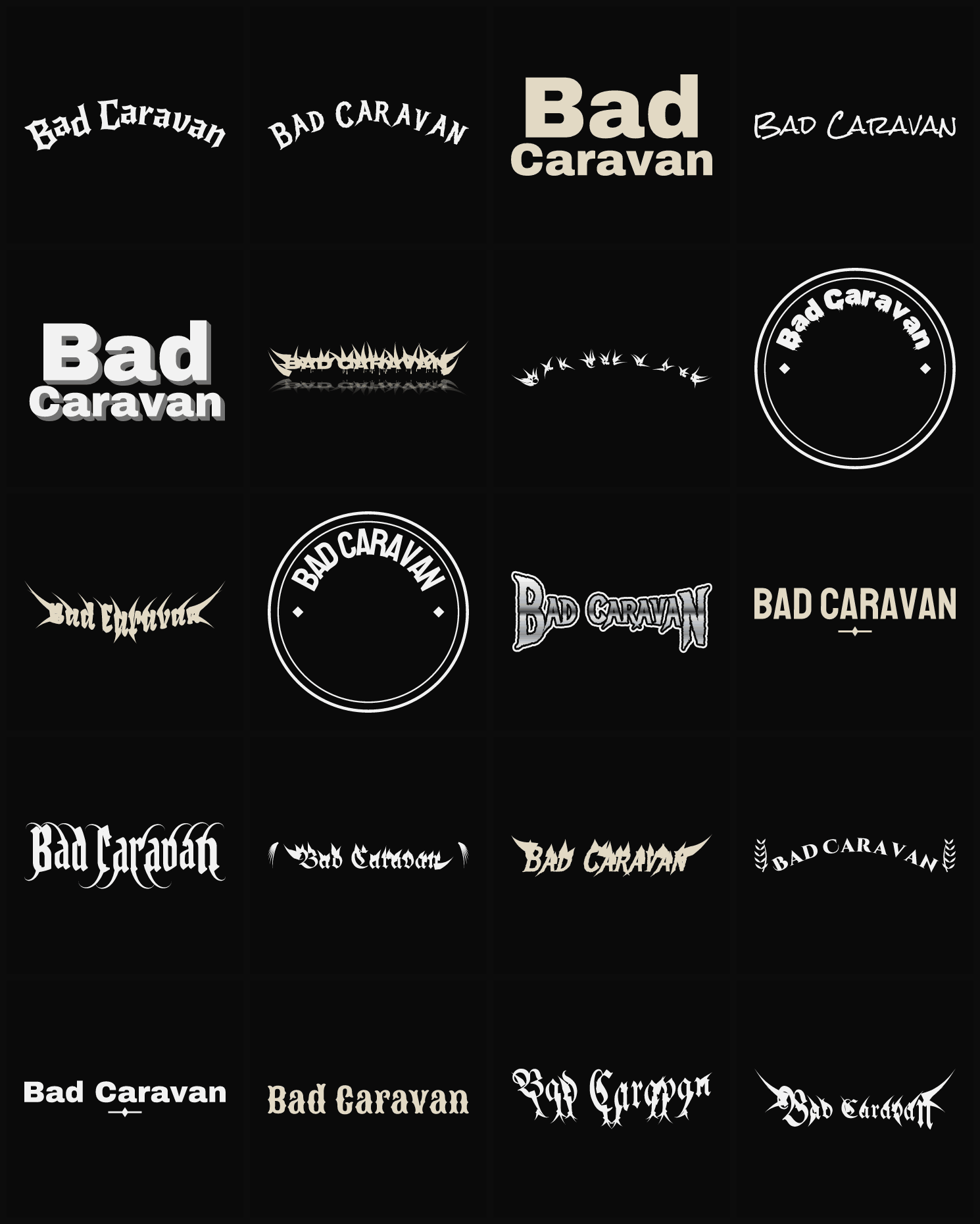 Twenty Bad Caravan band logo ideas — different faces, treatments and spike settings