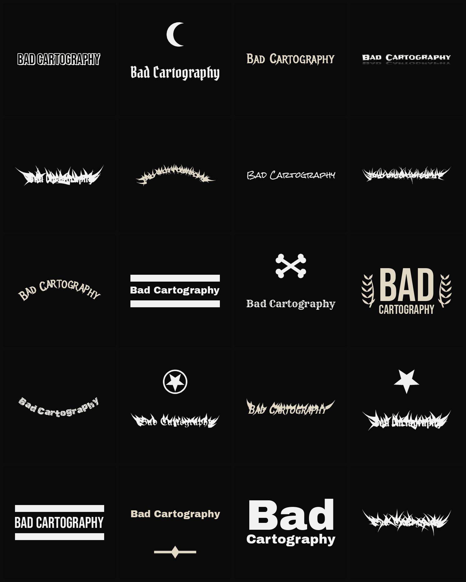 Twenty Bad Cartography band logo ideas — different faces, treatments and spike settings