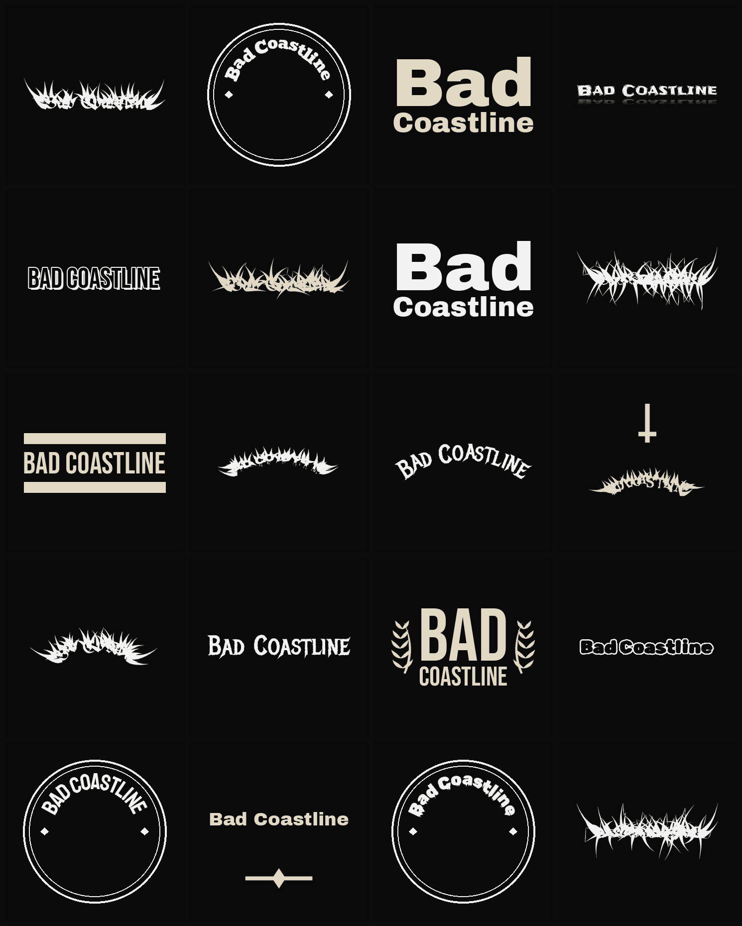Twenty Bad Coastline band logo ideas — different faces, treatments and spike settings