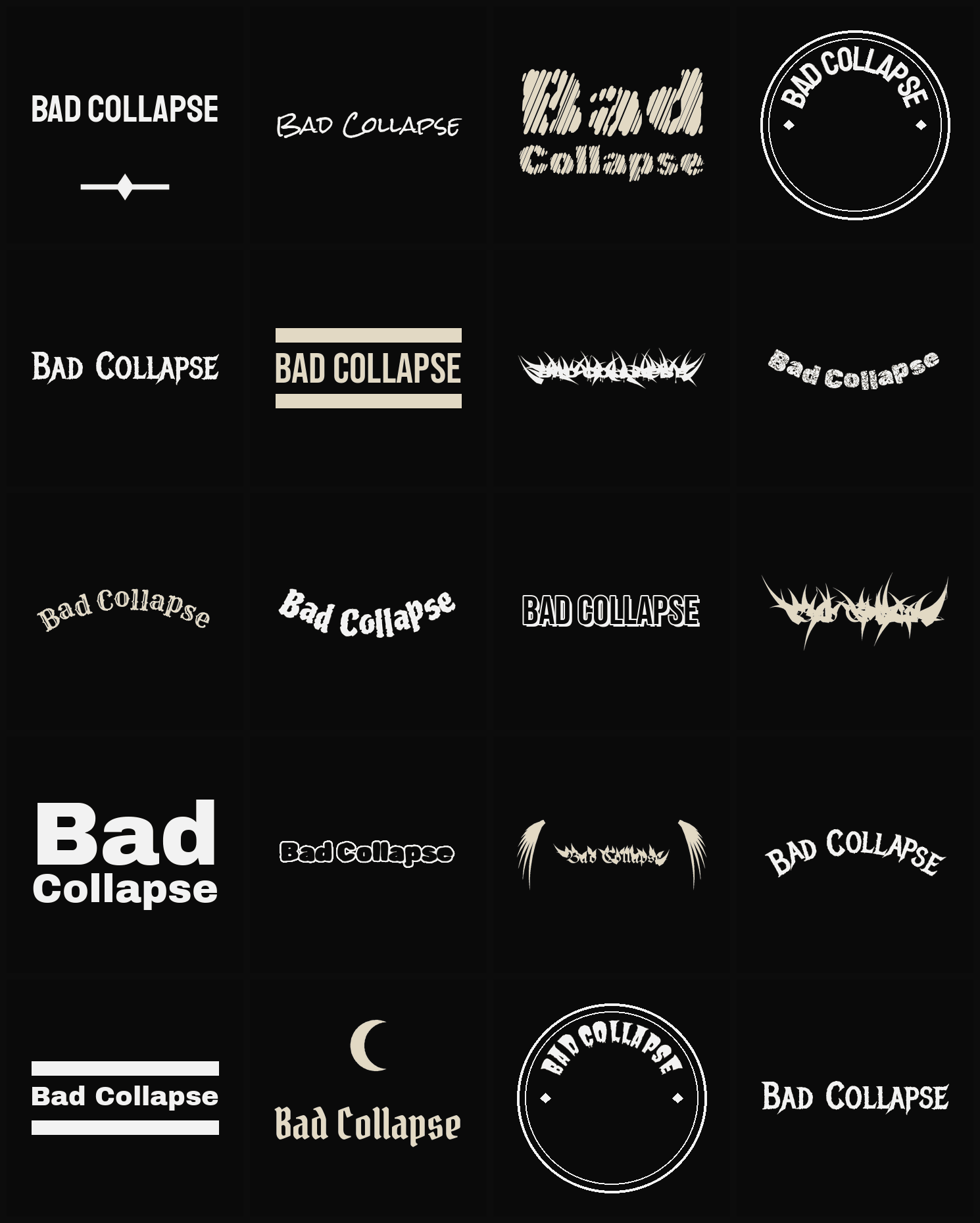 Twenty Bad Collapse band logo ideas — different faces, treatments and spike settings