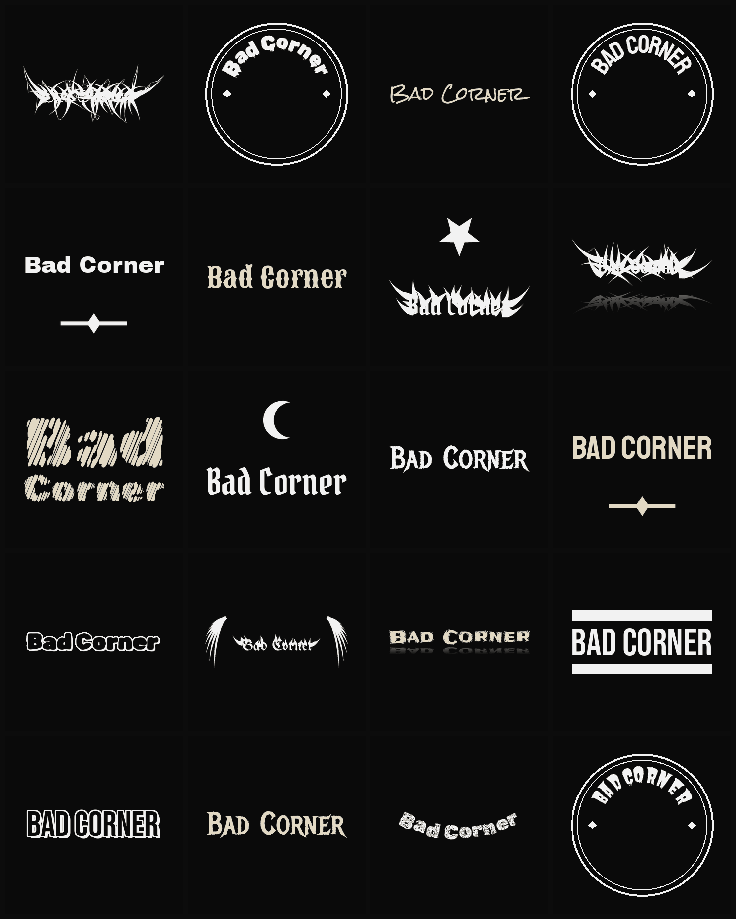 Twenty Bad Corner band logo ideas — different faces, treatments and spike settings