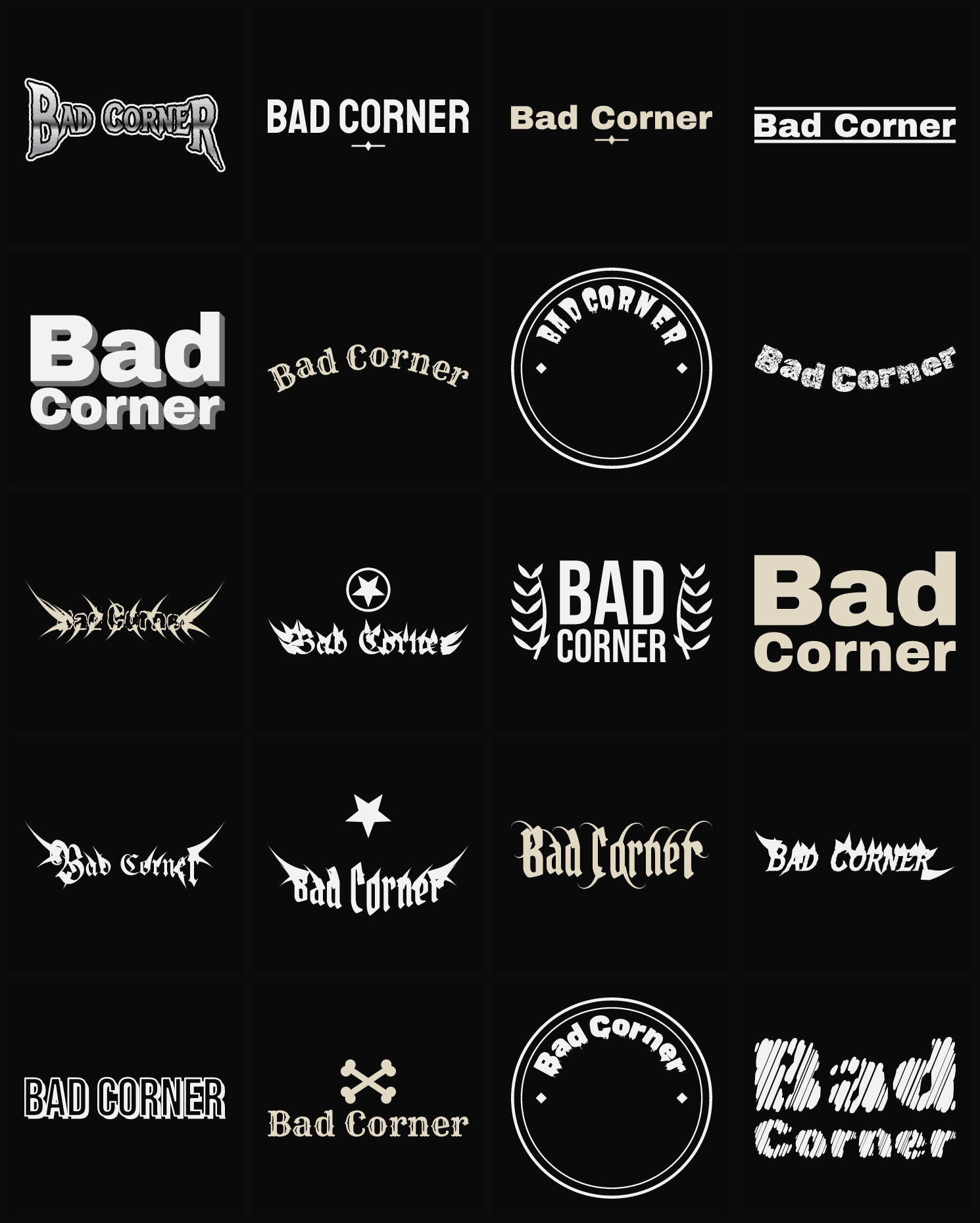 Twenty Bad Corner band logo ideas — different faces, treatments and spike settings