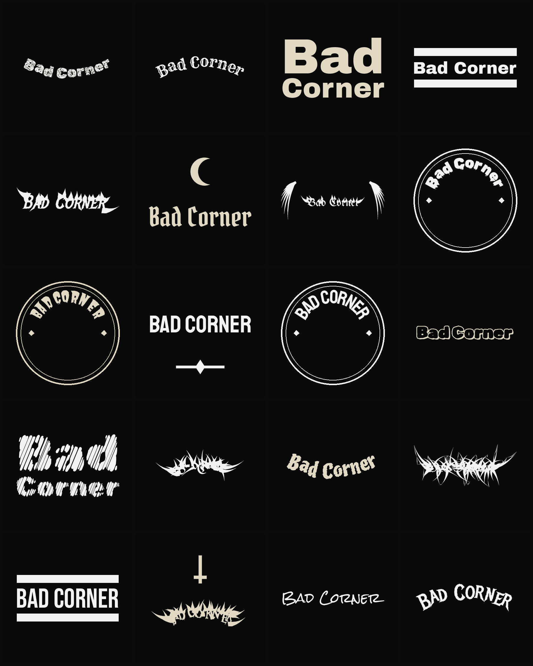 Twenty Bad Corner band logo ideas — different faces, treatments and spike settings