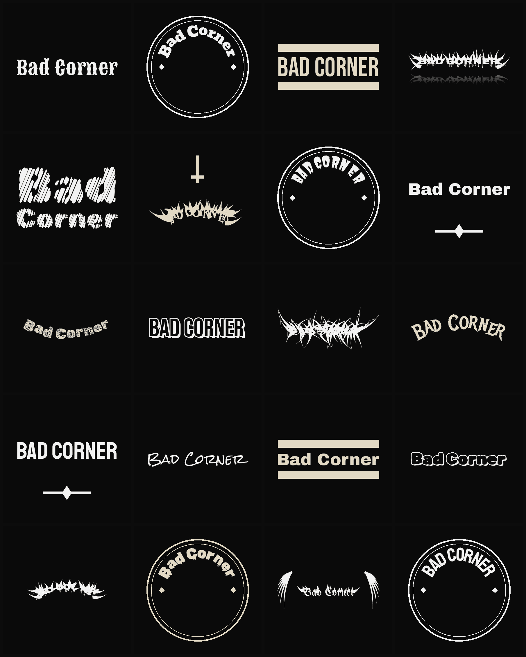 Twenty Bad Corner band logo ideas — different faces, treatments and spike settings