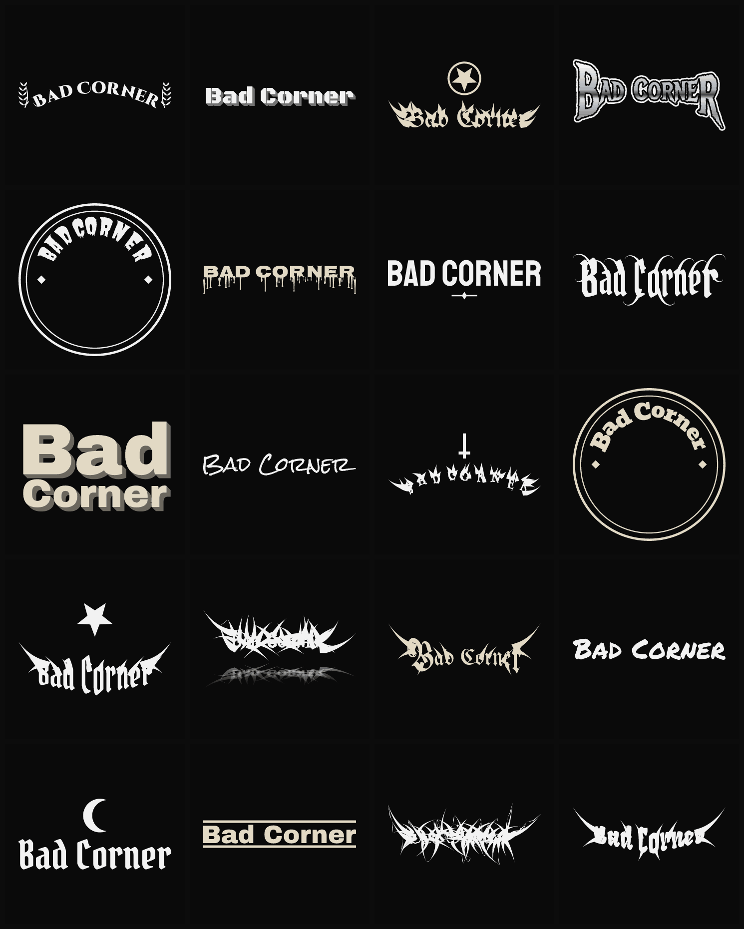 Twenty Bad Corner band logo ideas — different faces, treatments and spike settings