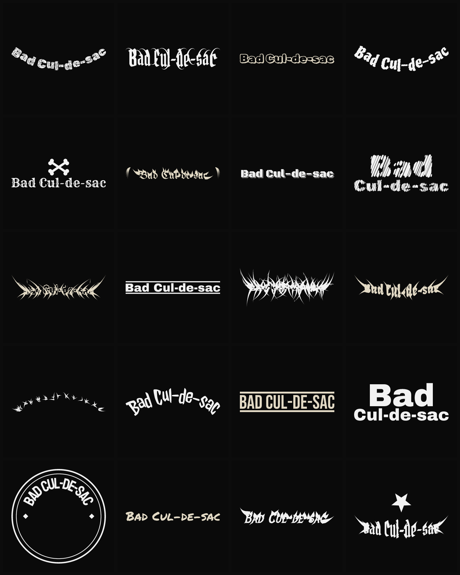 Twenty Bad Cul-de-sac band logo ideas — different faces, treatments and spike settings