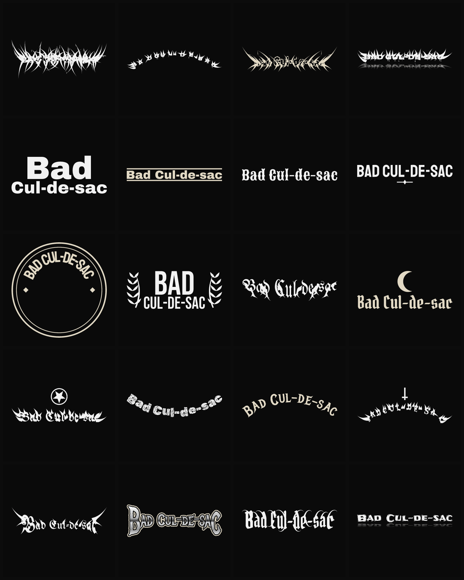Twenty Bad Cul-de-sac band logo ideas — different faces, treatments and spike settings
