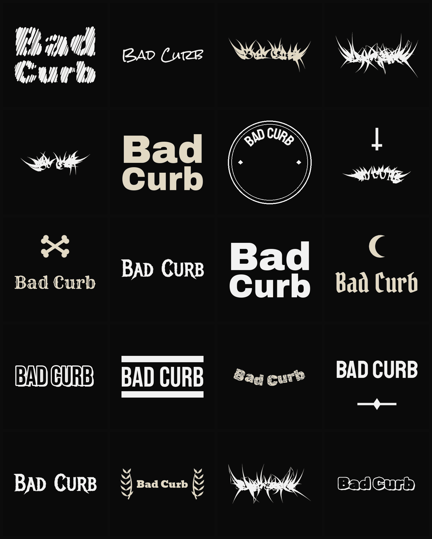 Twenty Bad Curb band logo ideas — different faces, treatments and spike settings