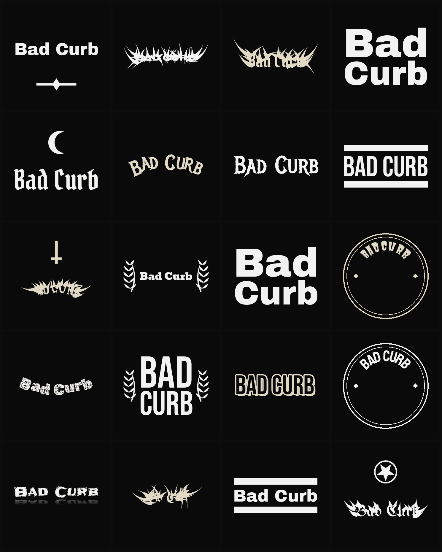 Twenty Bad Curb band logo ideas — different faces, treatments and spike settings